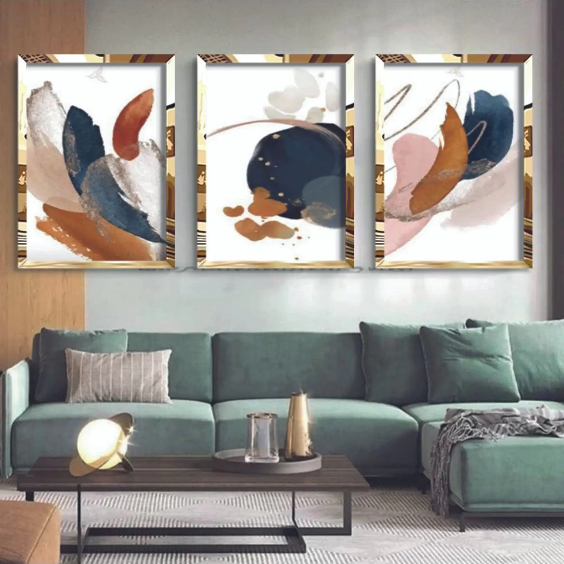 Soyut Pastel Sulu Boya Konsept Gold Ayna Çerçeveli Tablo Takımı