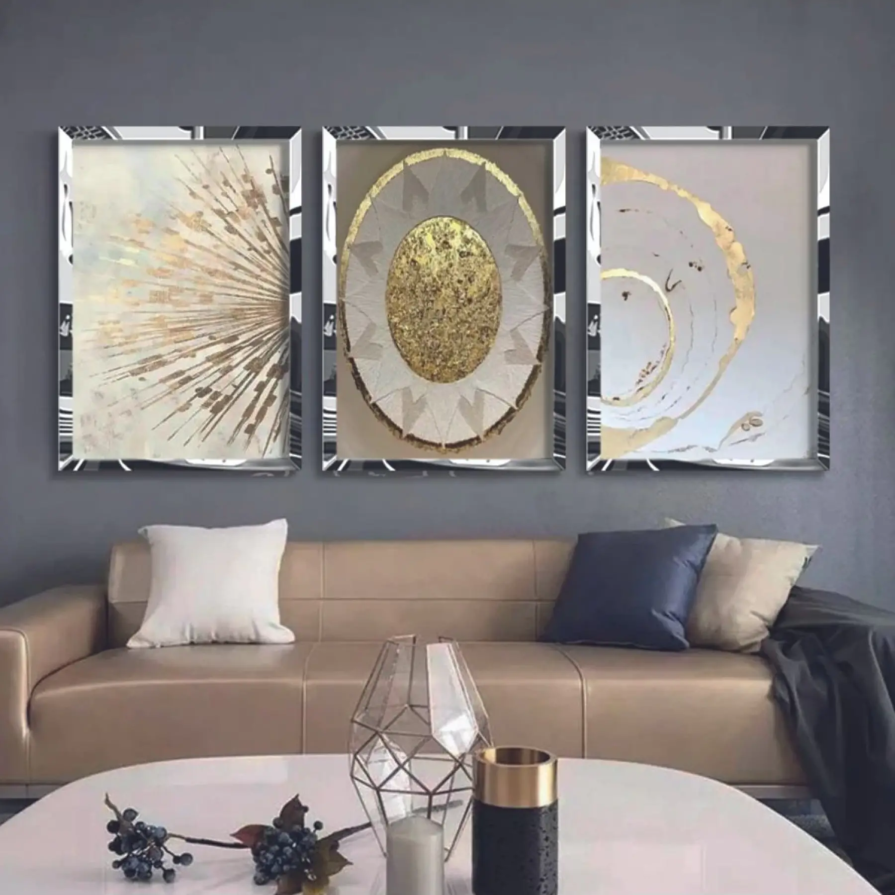 Soyut Altın Detaylar Gümüş Pleksi 3lü Çerçeveli Tablo