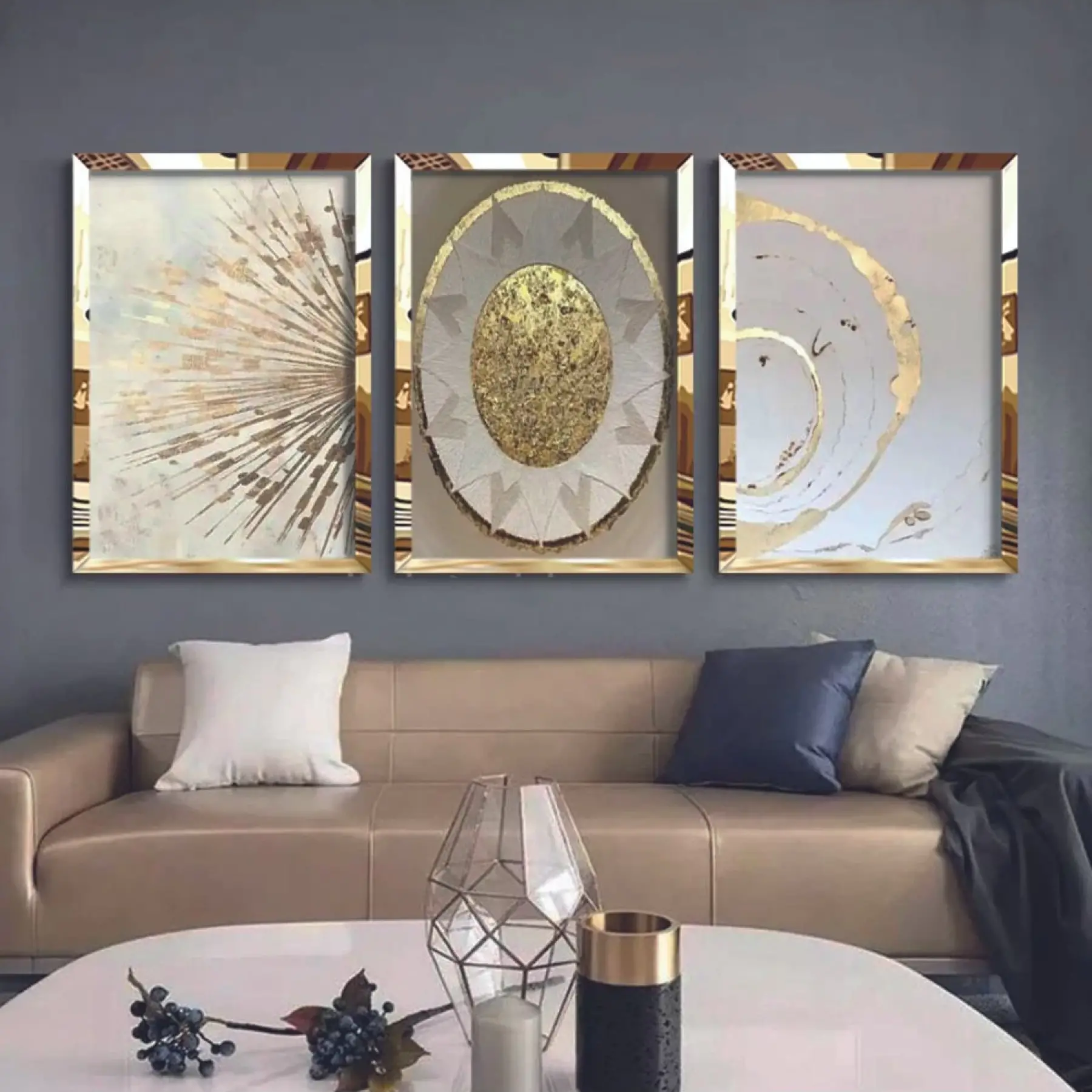 Soyut Altın Detaylar Gold Pleksi 3lü Çerçeveli Tablo