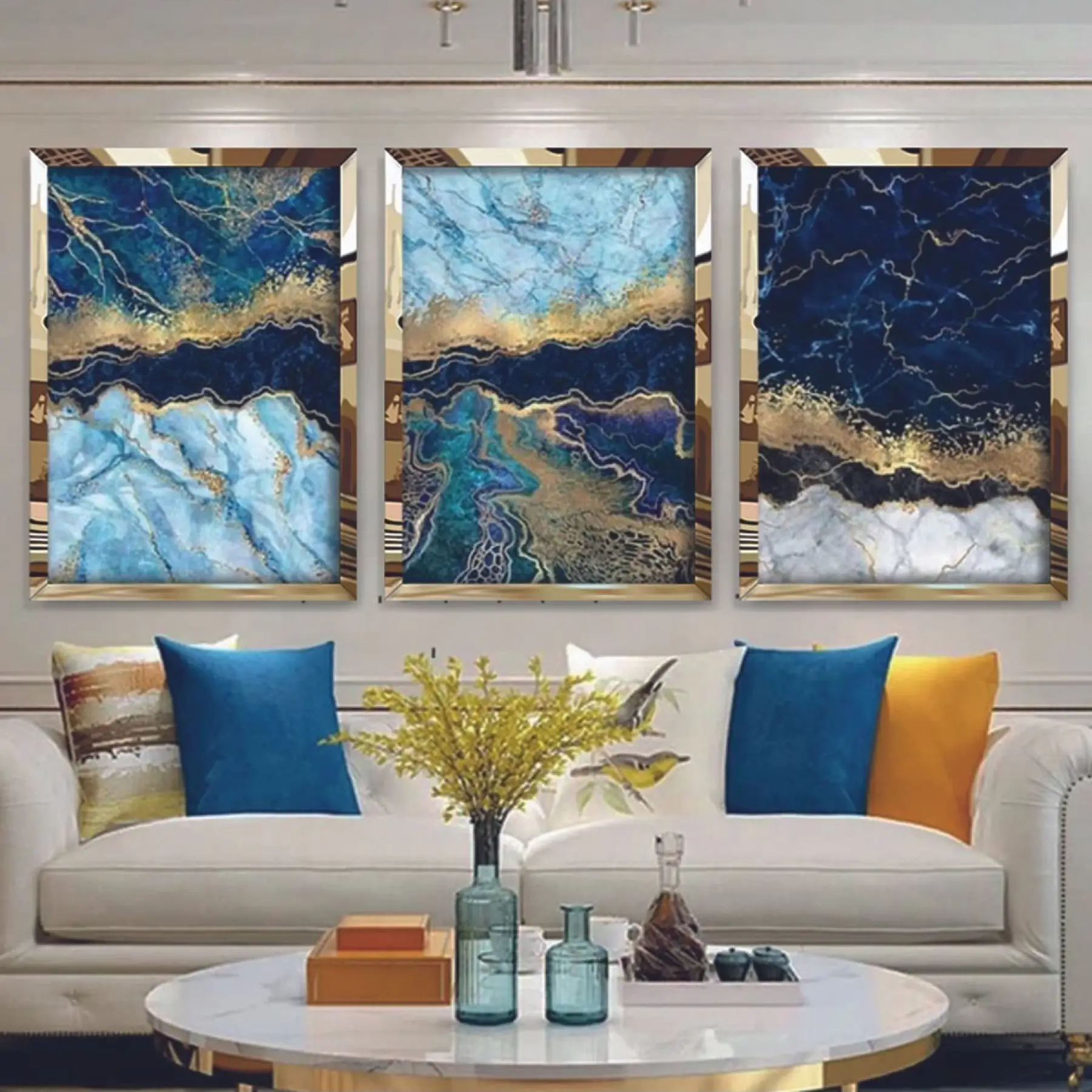 Gold ve Mavinin Mükemmel Uyumu Mermer Dokulu 3lü Gold Pleksi Tablo