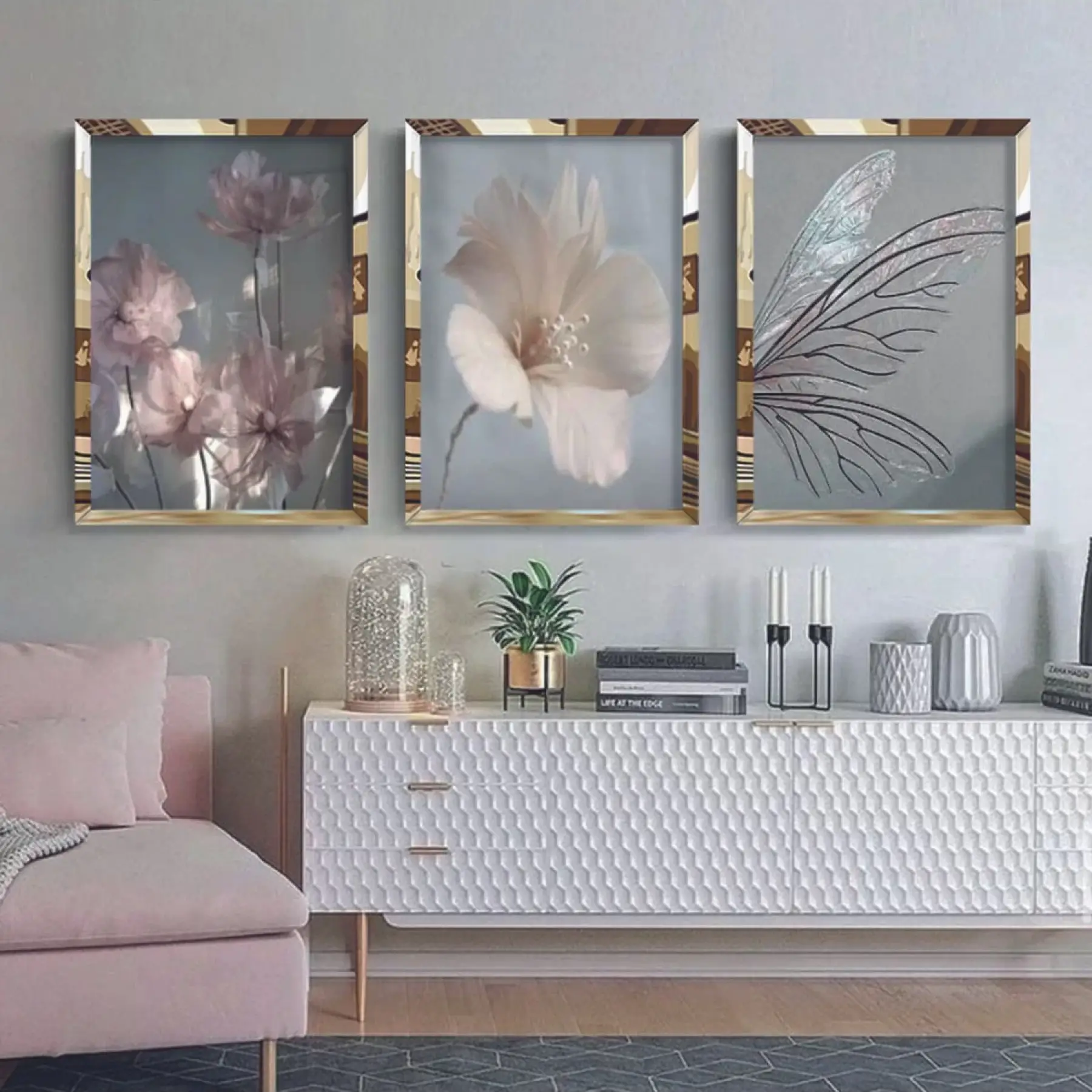 Dekoratif Çiçekler Gold Pleksi 3lü Tablo