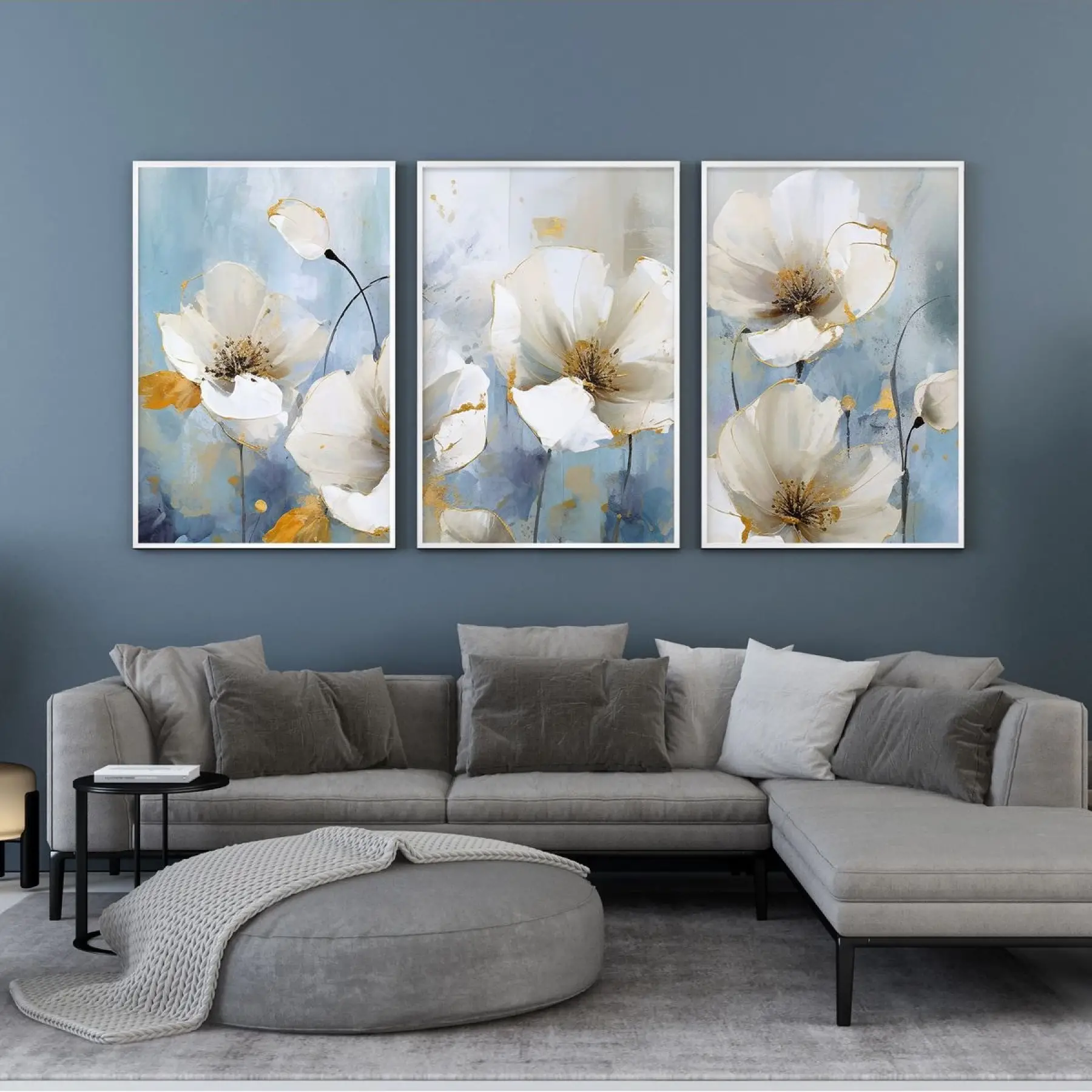 Sakin Bahçe: Beyaz Çiçekler ve Altın Vurgular Üçlü Metal Çerçeveli Tablo Seti
