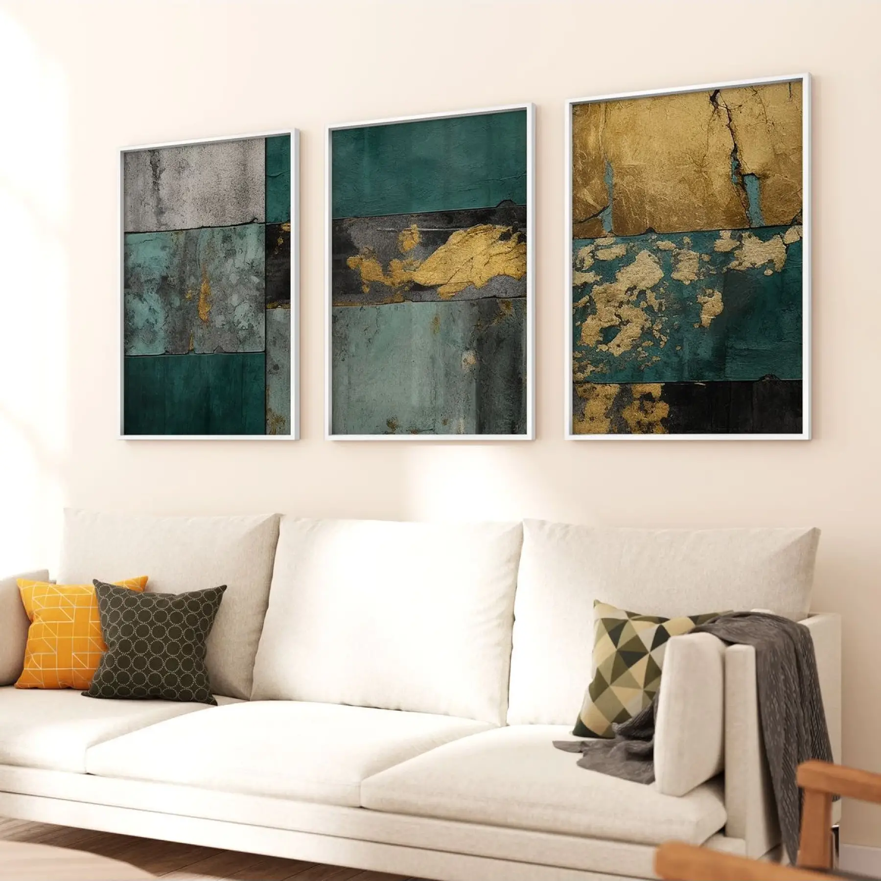 Altın Dokunuş: Turkuaz ve Gri Üçlü Metal Çerçeveli Tablo Takımı