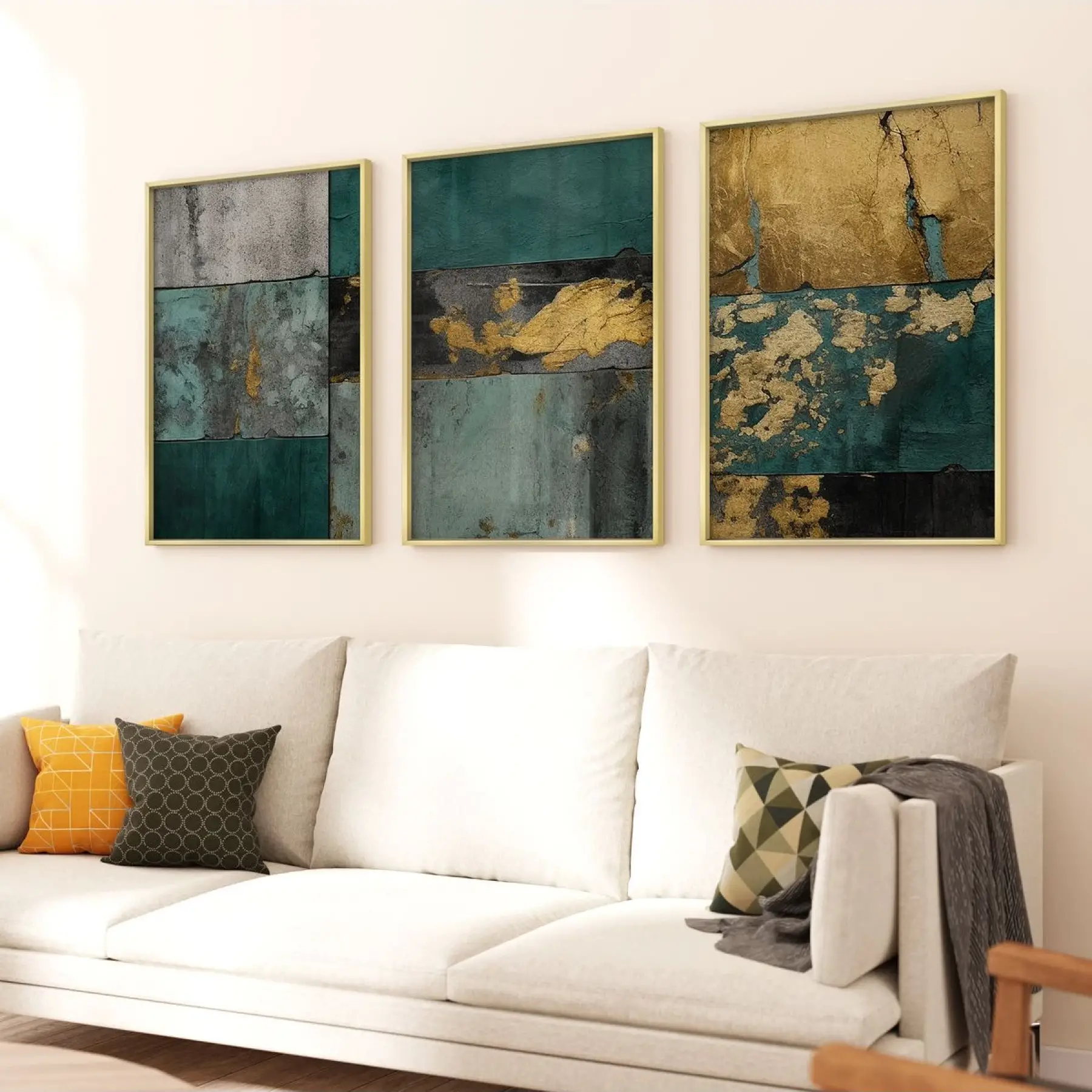 Altın Dokunuş: Turkuaz ve Gri Üçlü Metal Çerçeveli Tablo Takımı
