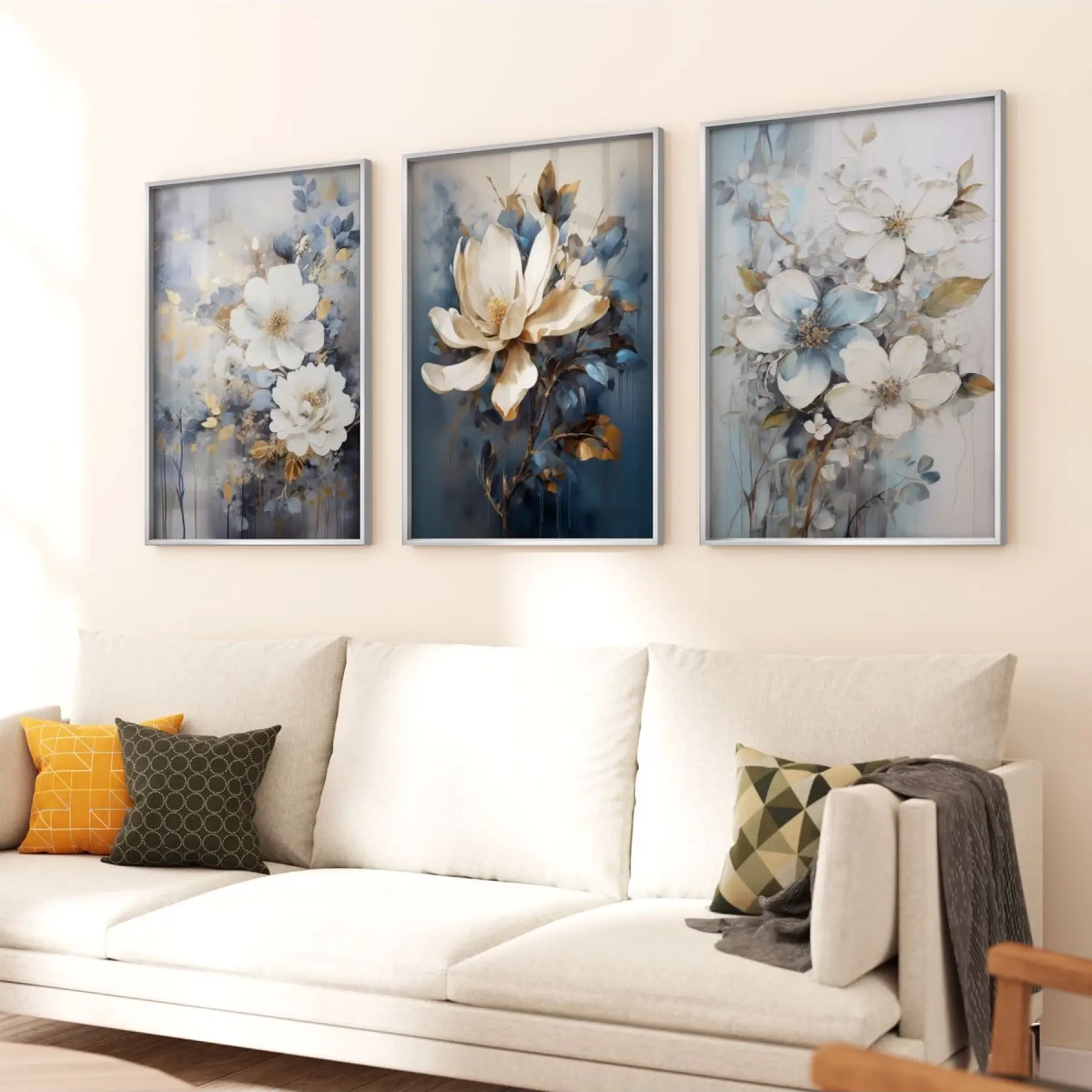 Sakin Mavi: Üçlü Metal Çerçeveli Tablo Takımı