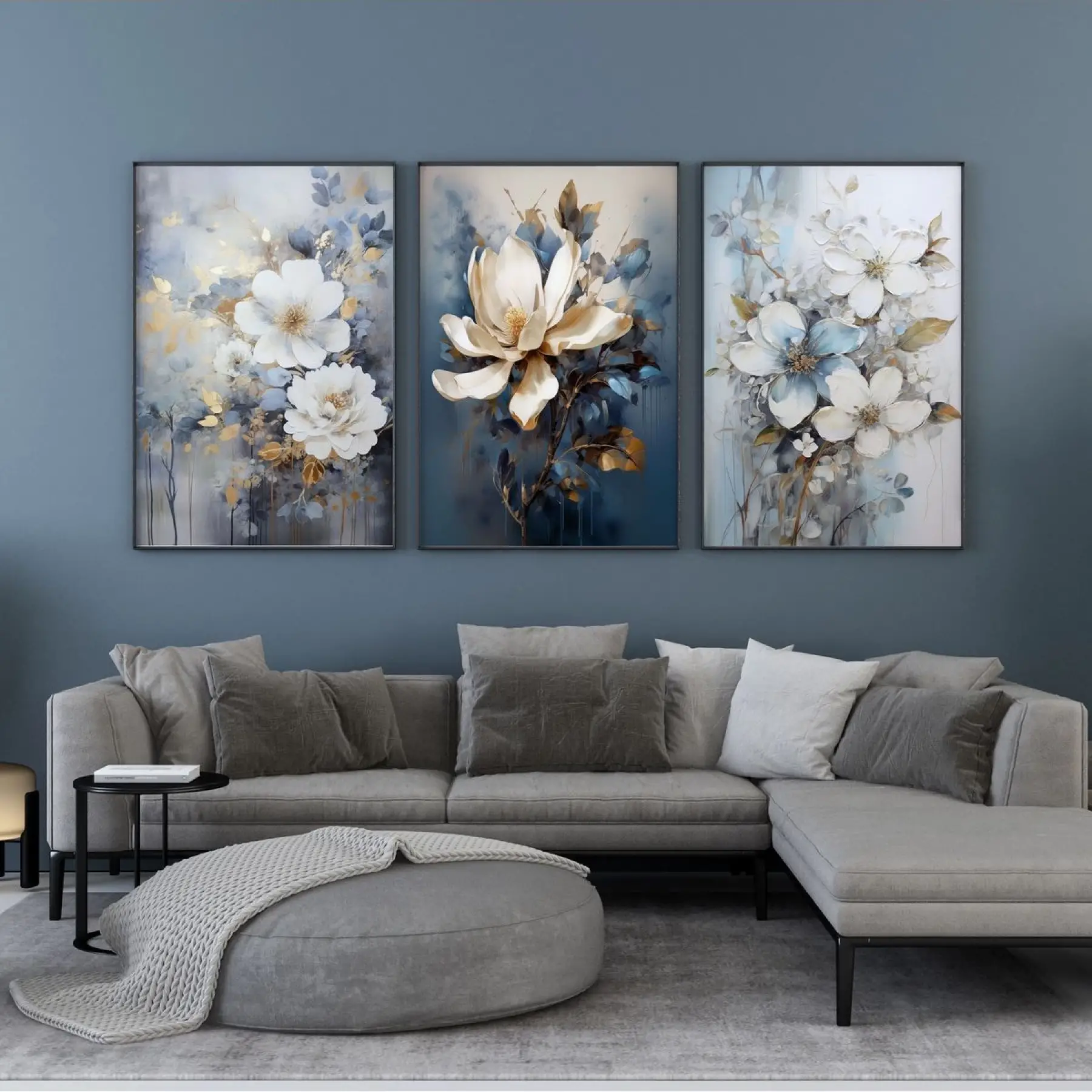 Sakin Mavi: Üçlü Metal Çerçeveli Tablo Takımı