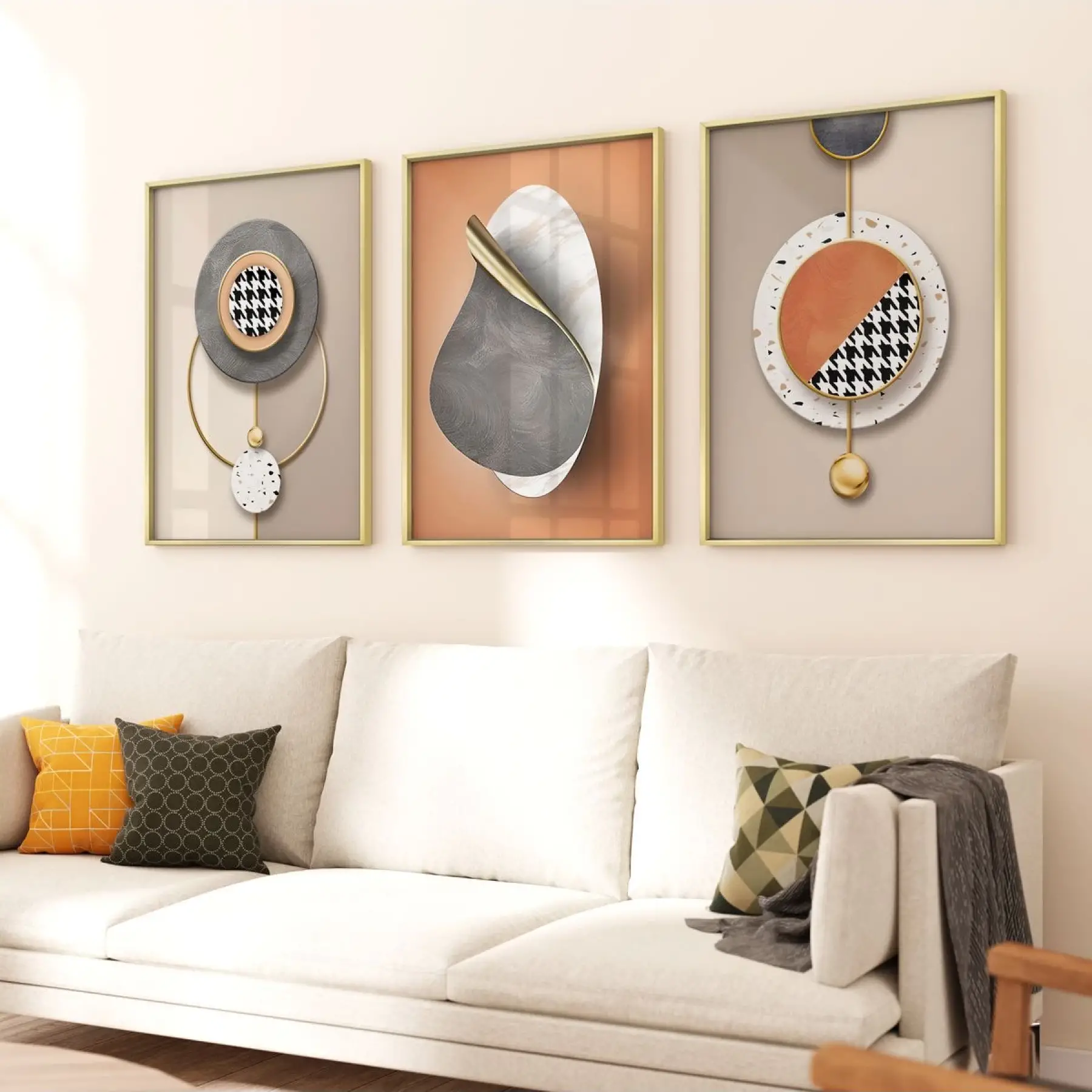 Soyut Düşler: Altın Dokunuşlar ve Dairesel Motifler Metal Çerçeveli Tablo Seti