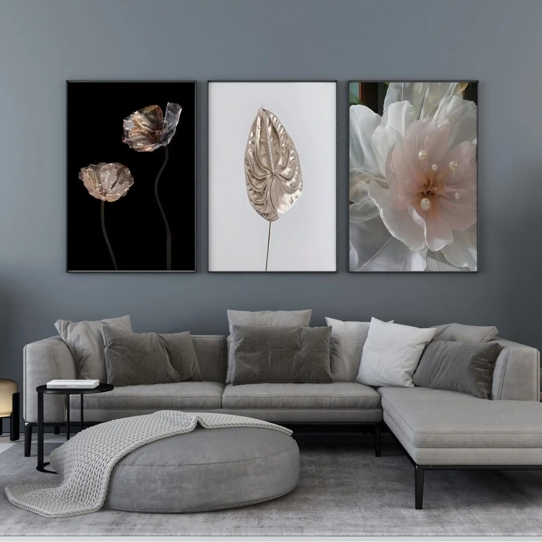 Gece Florası: Zarif Çiçekler Üçlü Metal Çerçeveli Tablo Seti