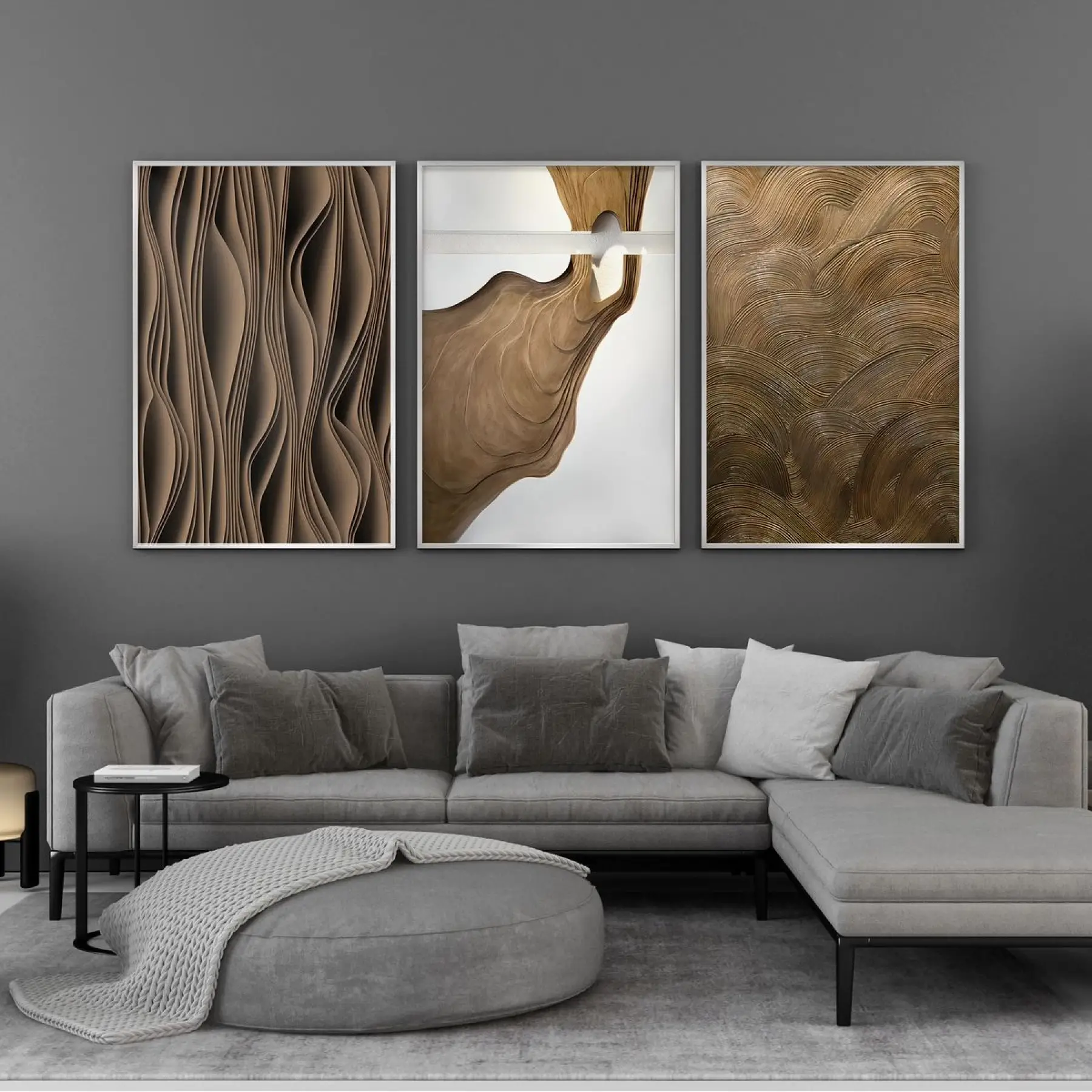 Soyut Dalgalı Çizgiler Üçlü Metal Çerçeveli Tablo Seti