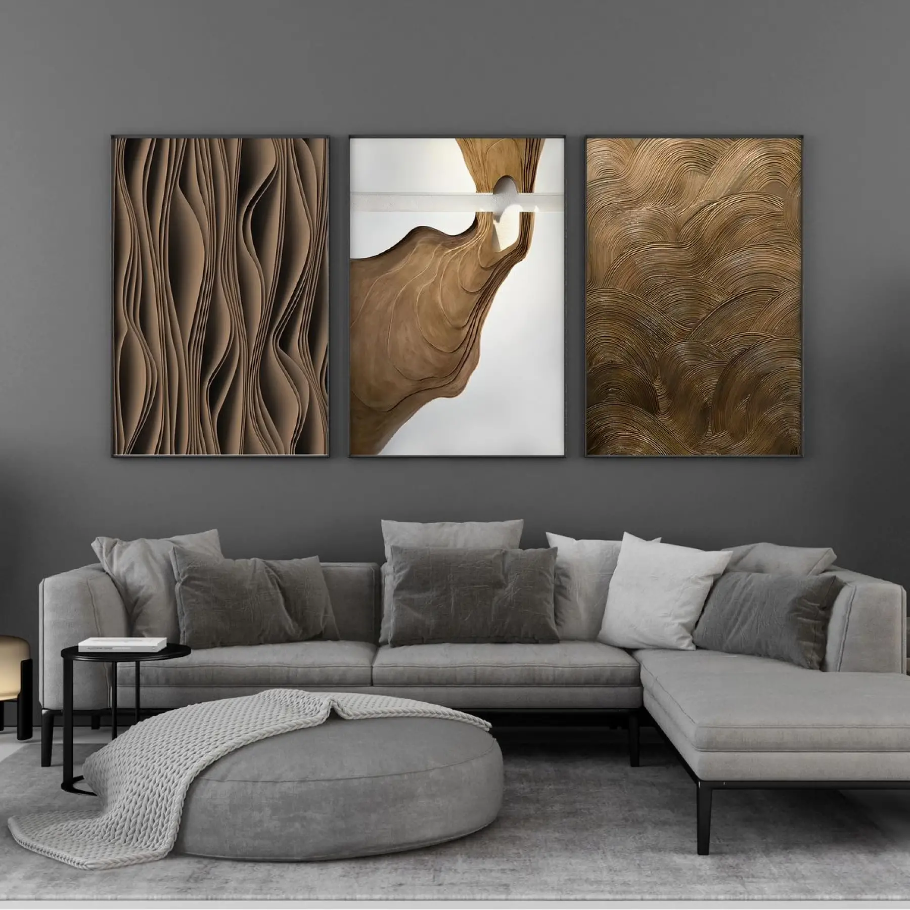 Dinamik Akış: Soyut Dalgalı Çizgiler Üçlü Metal Çerçeveli Tablo Seti