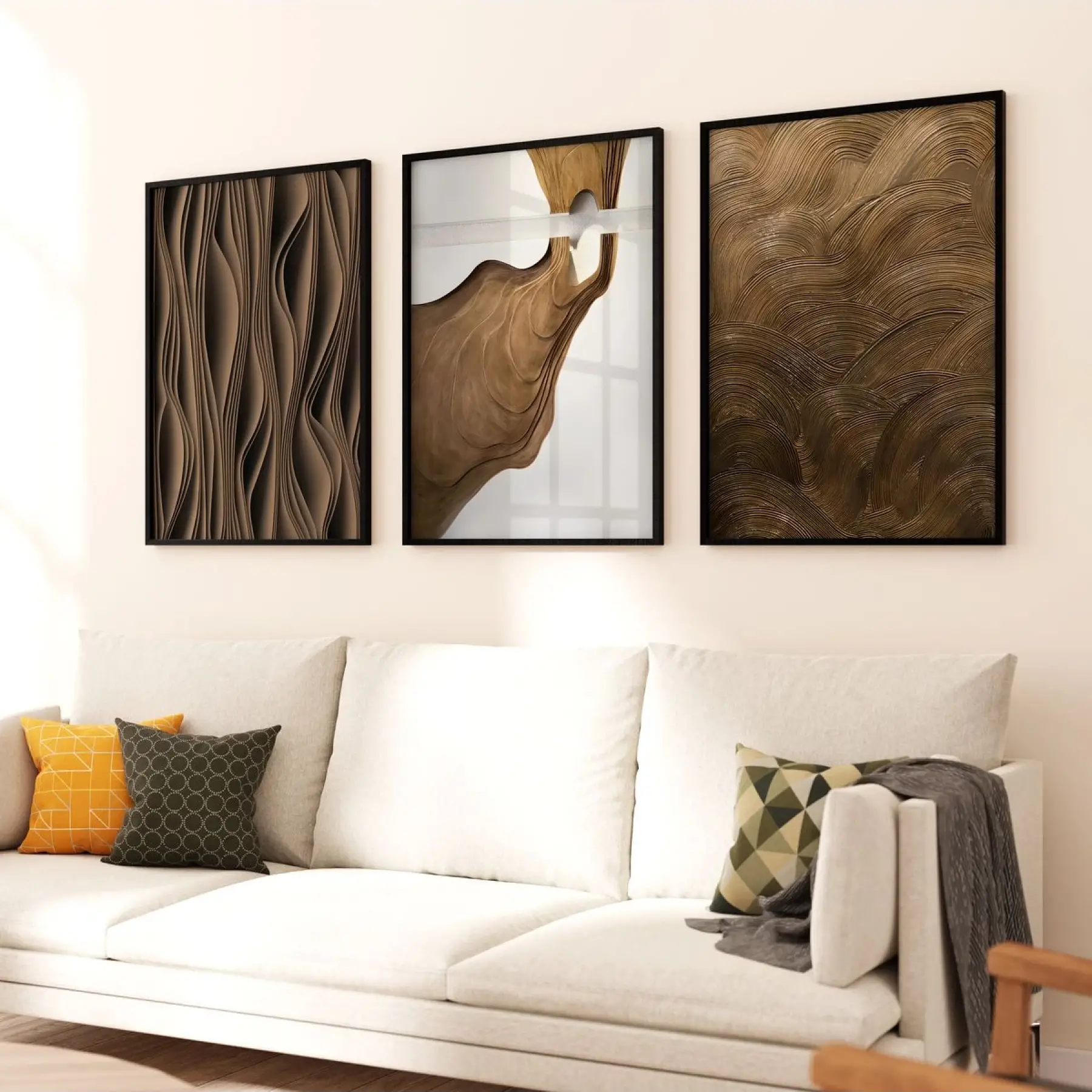 Dinamik Akış: Soyut Dalgalı Çizgiler Üçlü Metal Çerçeveli Tablo Seti