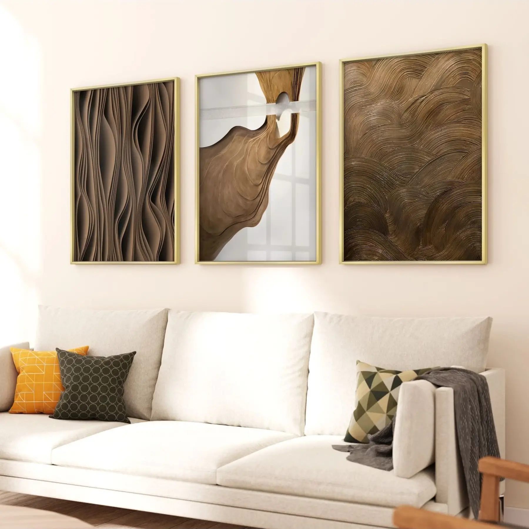 Dinamik Akış: Soyut Dalgalı Çizgiler Üçlü Metal Çerçeveli Tablo Seti