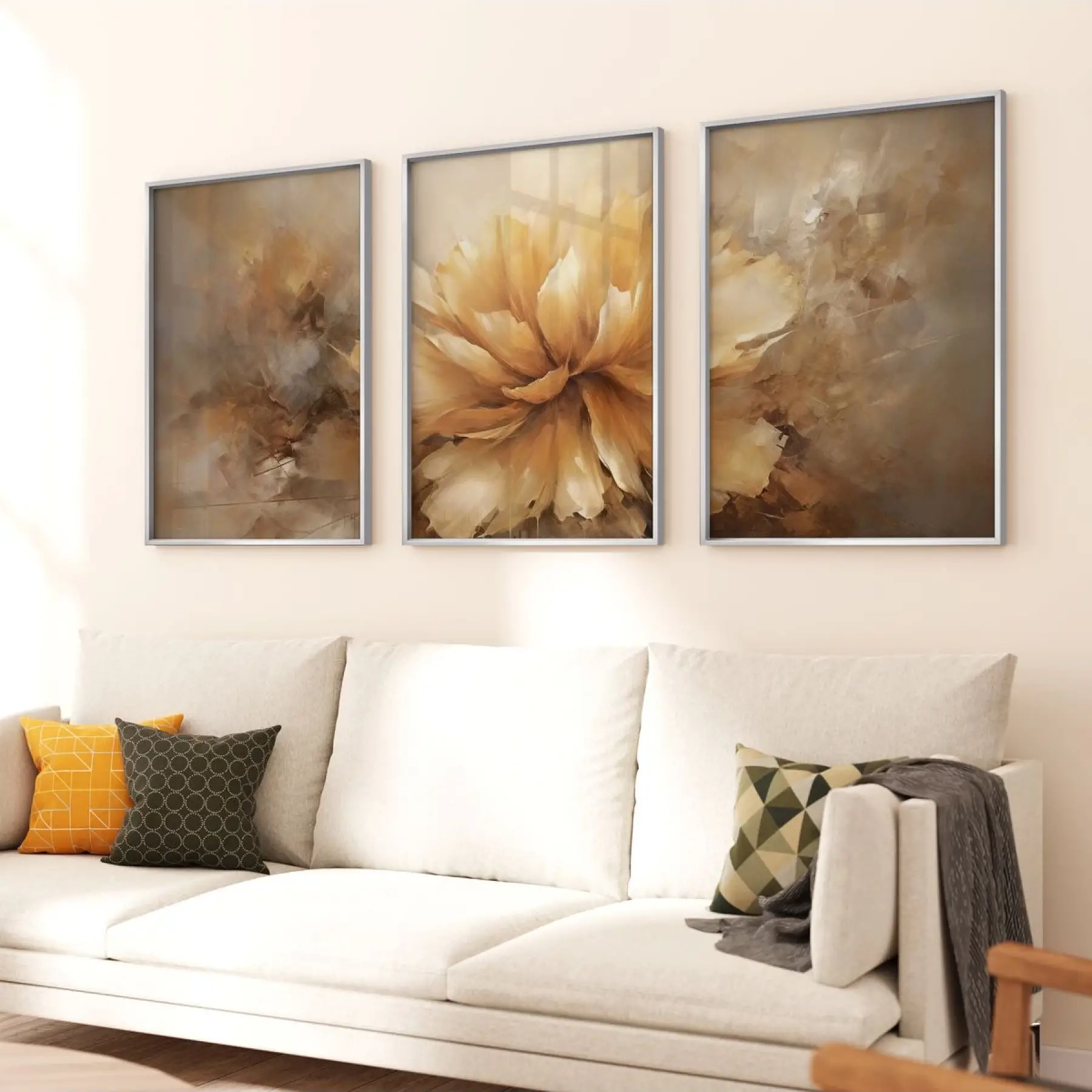 Sıcak Renklerin Dansı: Soyut Çiçek Sanatı Üçlü Metal Çerçeveli Tablo Seti