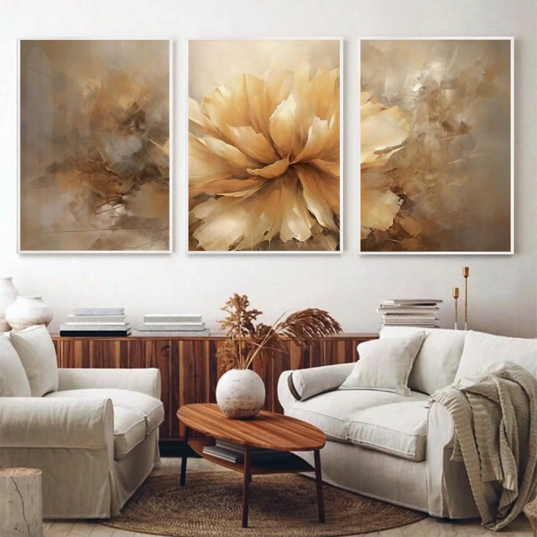 Sıcak Renklerin Dansı: Soyut Çiçek Sanatı Üçlü Metal Çerçeveli Tablo Seti