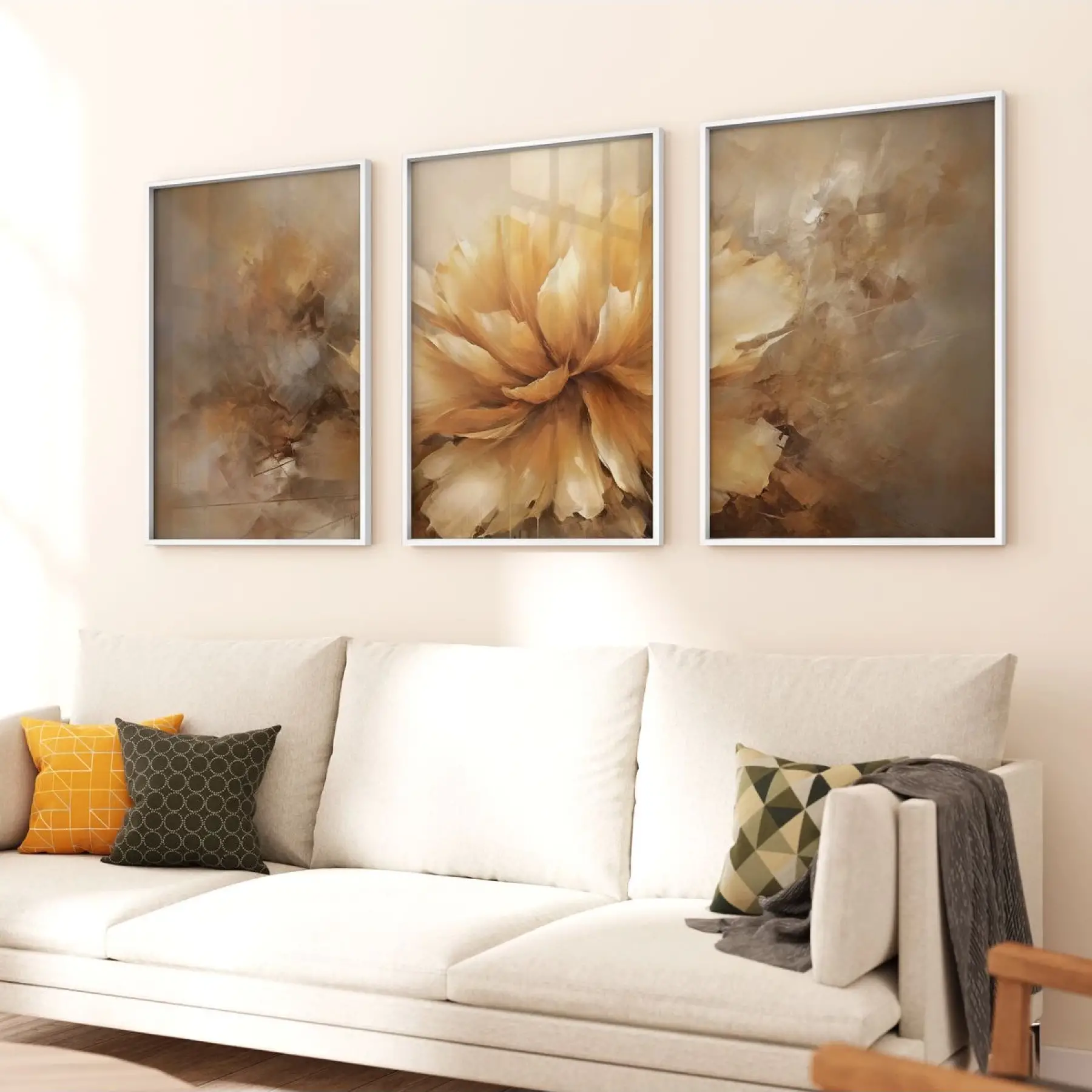 Sıcak Renklerin Dansı: Soyut Çiçek Sanatı Üçlü Metal Çerçeveli Tablo Seti