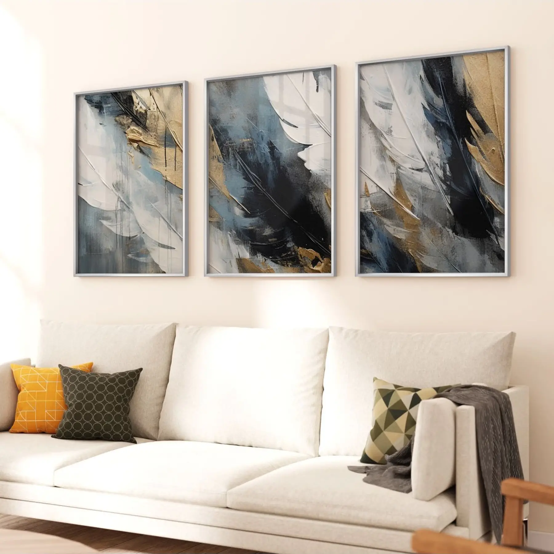 Hafif Dokunuşlar: Beyaz ve Altın Tüy İzleri Üçlü Metal Çerçeveli Tablo Seti