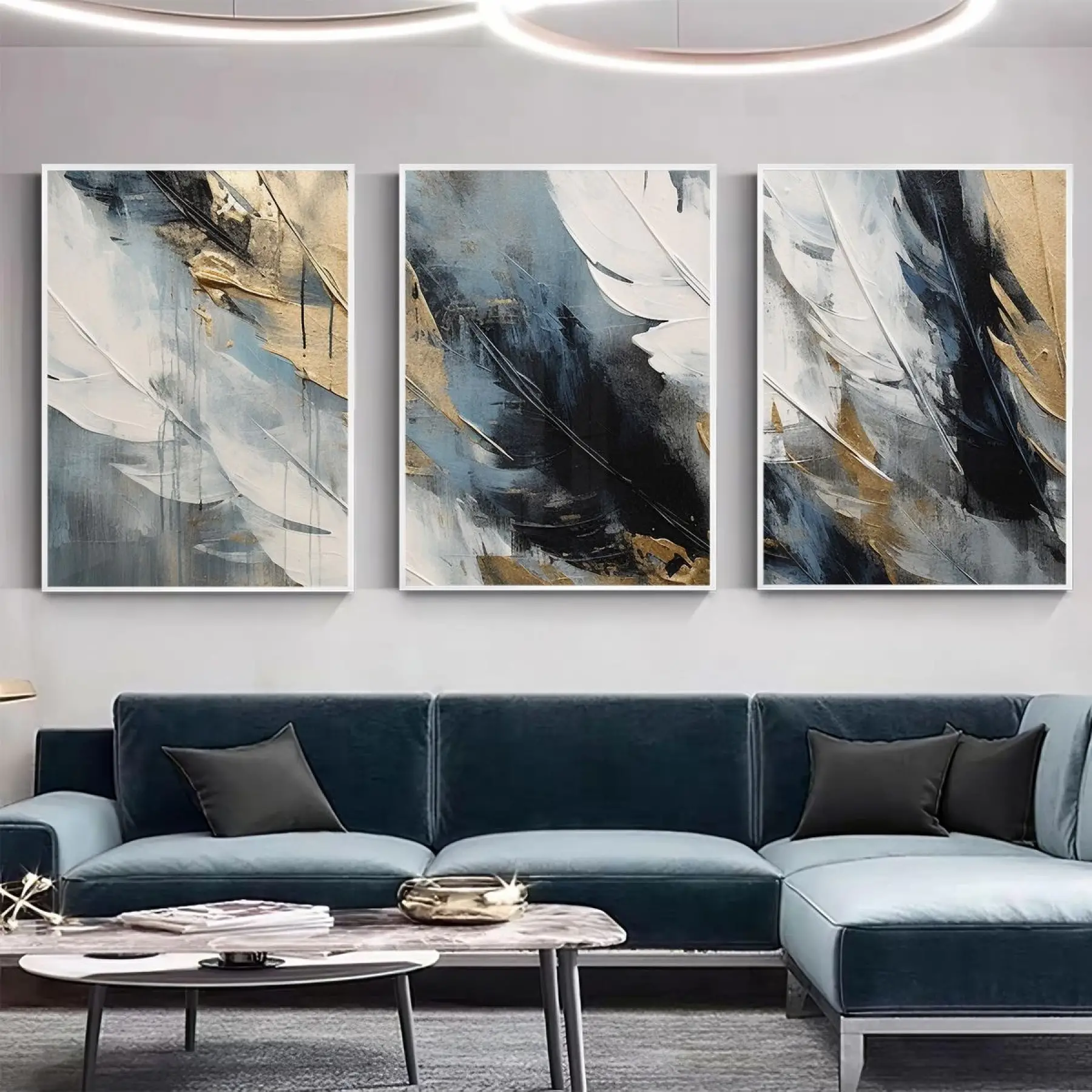 Hafif Dokunuşlar: Beyaz ve Altın Tüy İzleri Üçlü Metal Çerçeveli Tablo Seti