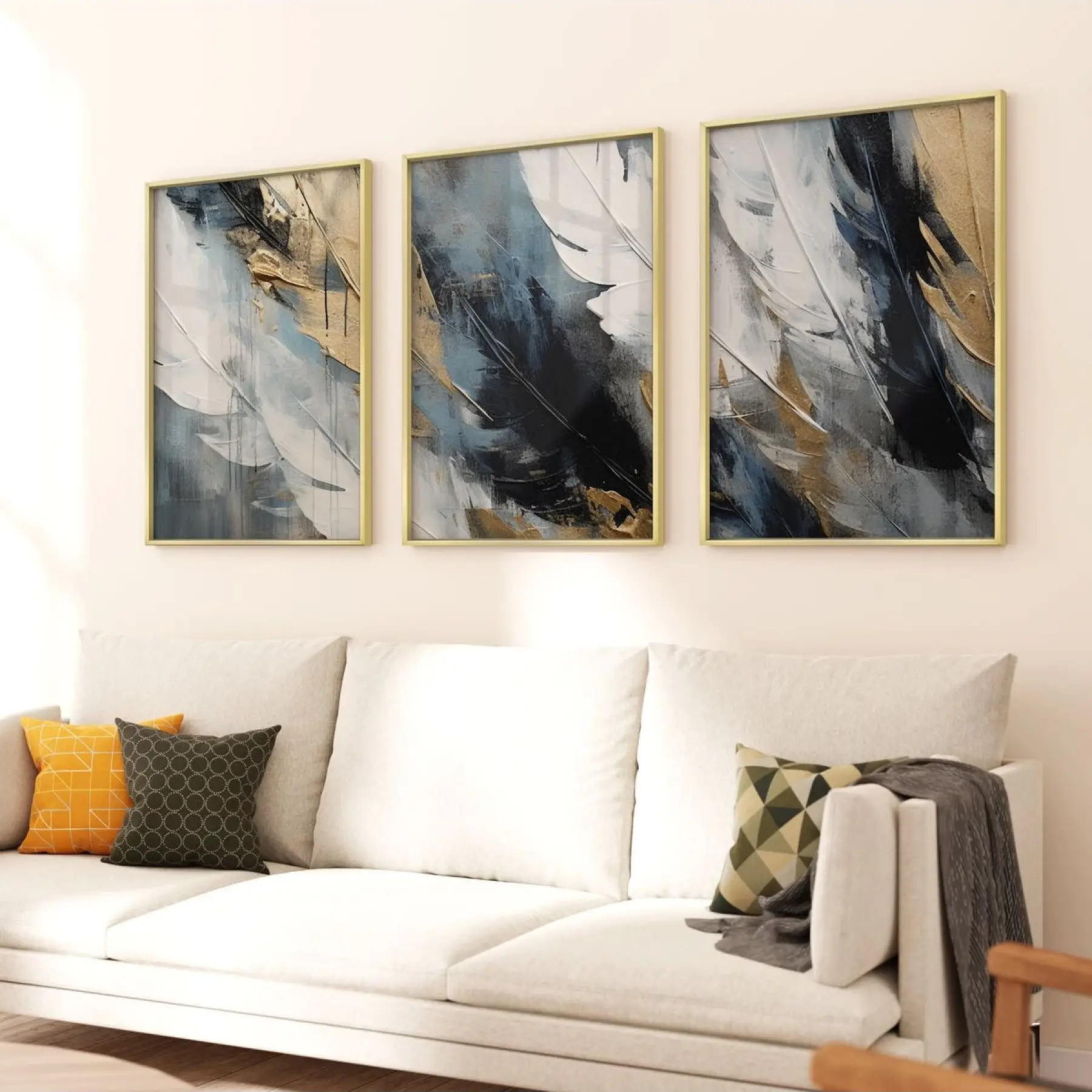 Hafif Dokunuşlar: Beyaz ve Altın Tüy İzleri Üçlü Metal Çerçeveli Tablo Seti