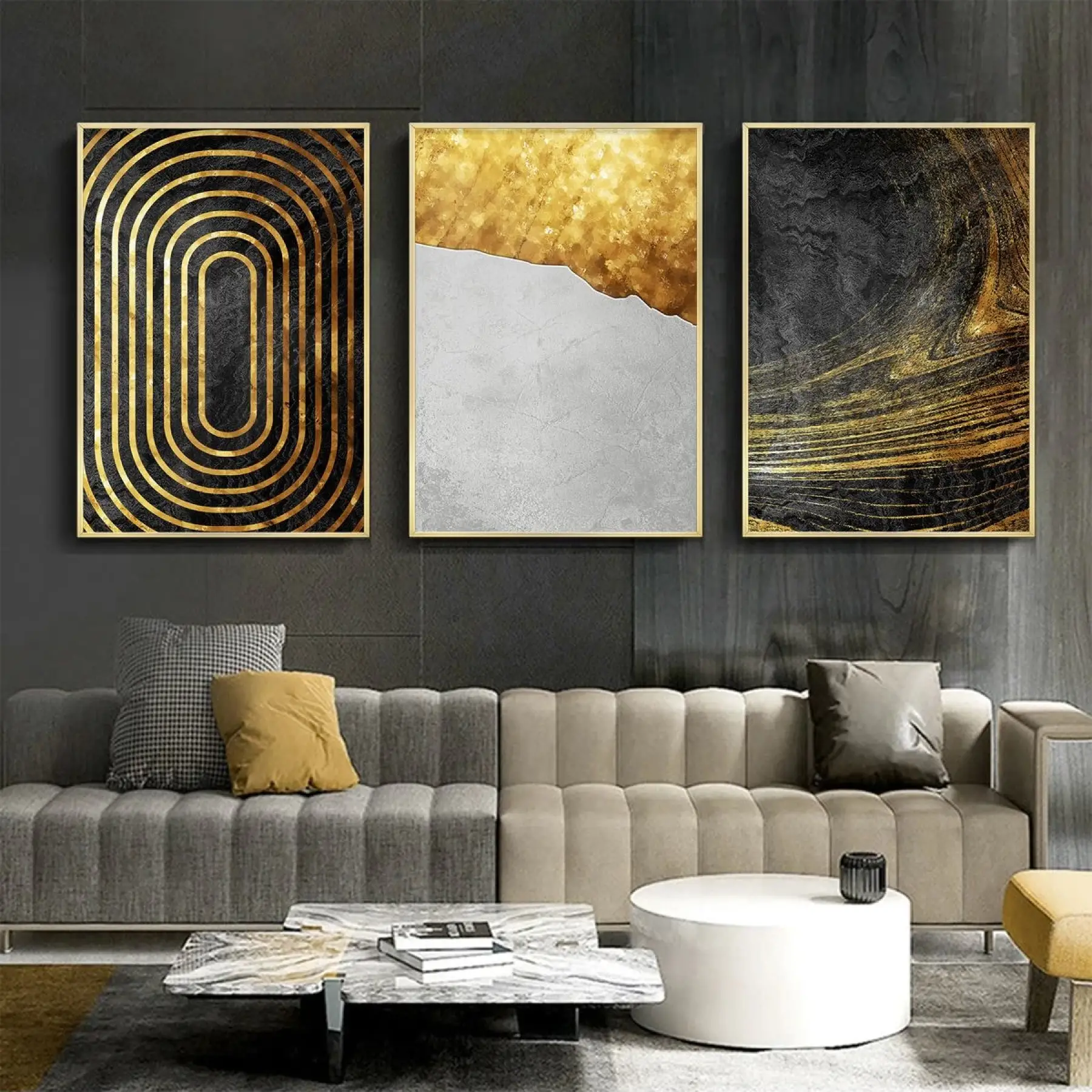 Altın Dokunuşlar: Üçlü Metal Çerçeveli Tablo Takımı