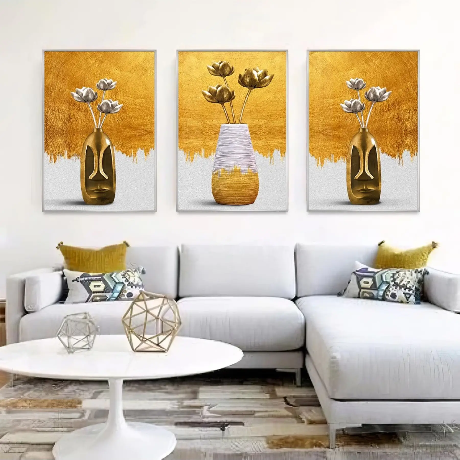Altın Çiçeklerin Dansı: Üçlü Metal Çerçeveli Tablo Seti