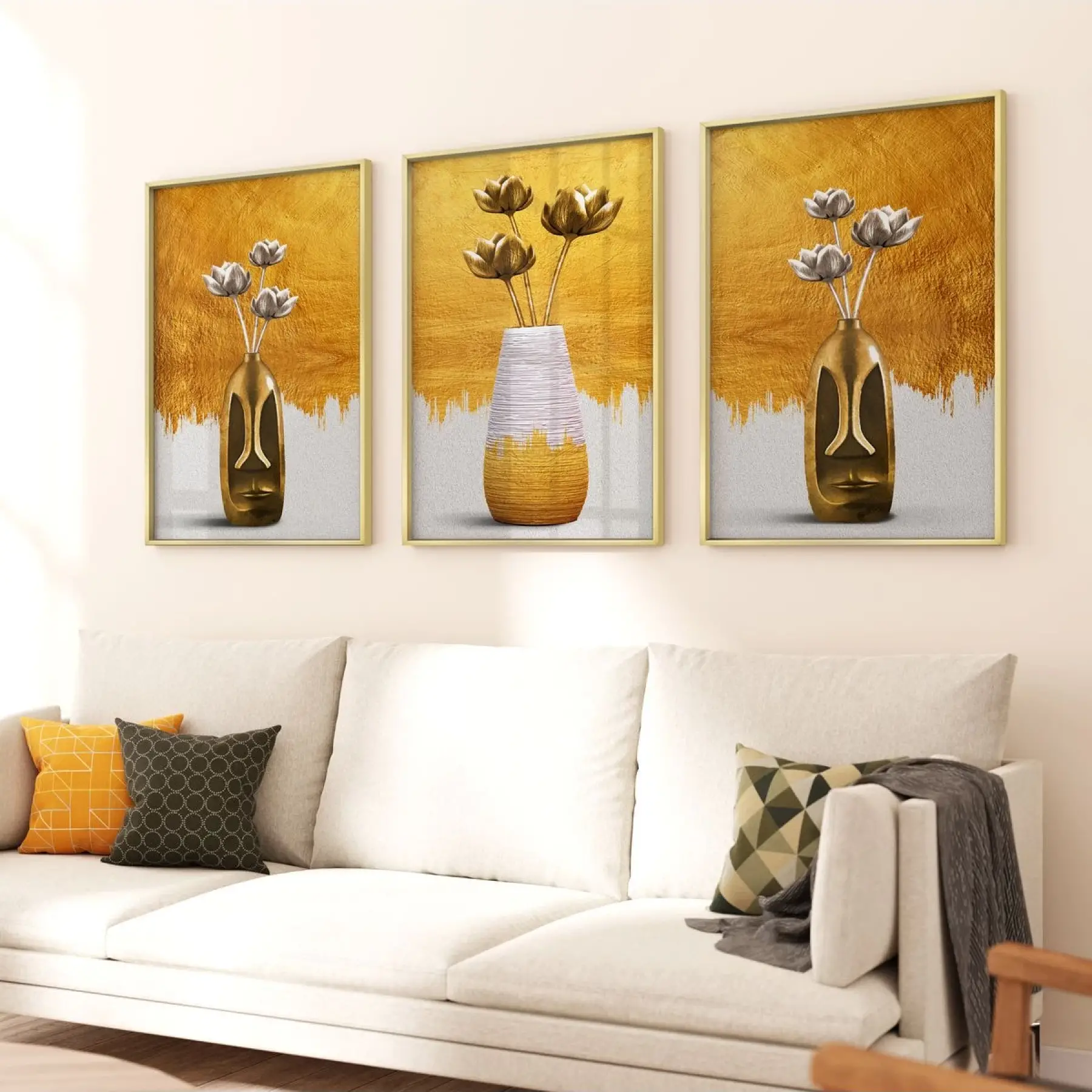 Altın Çiçeklerin Dansı: Üçlü Metal Çerçeveli Tablo Seti