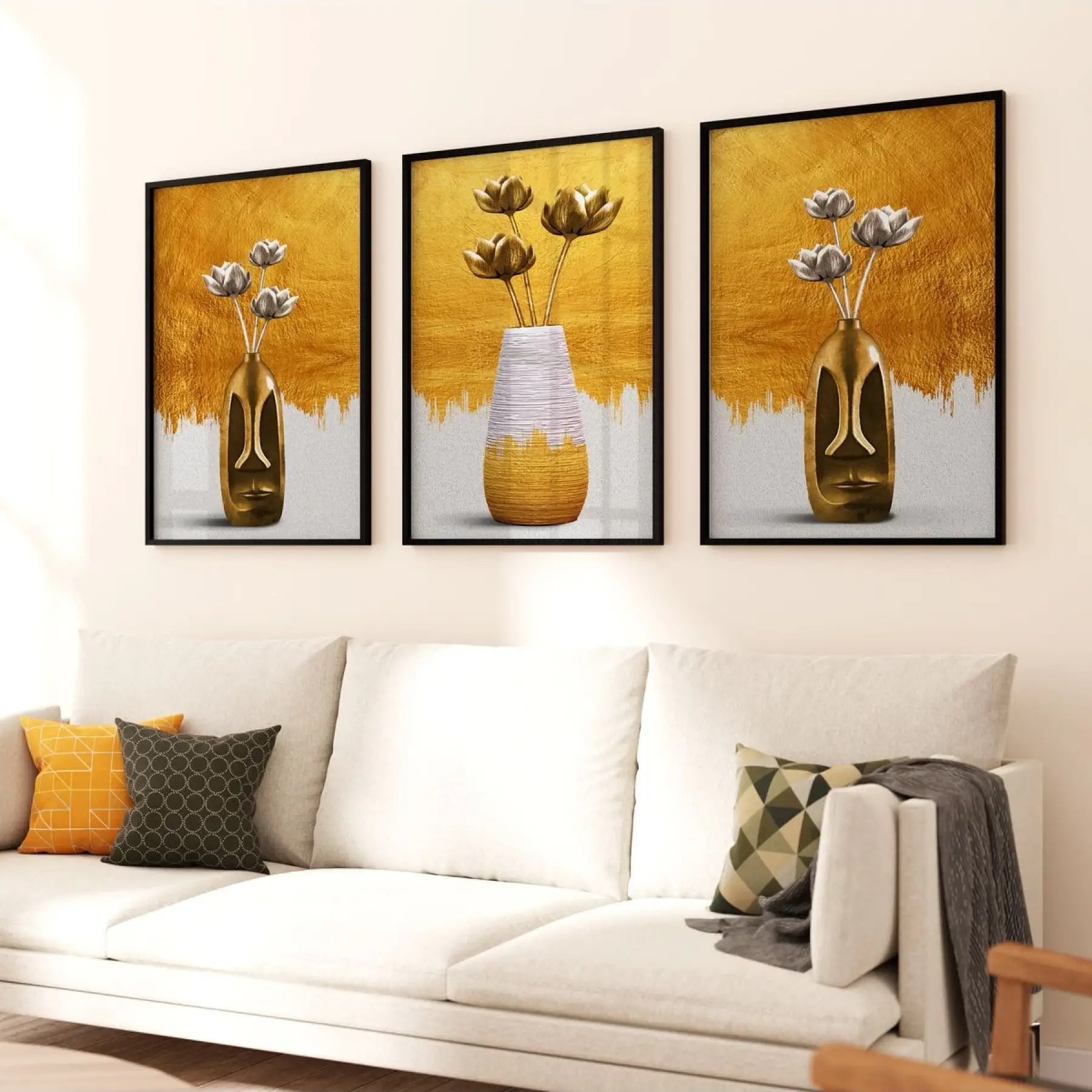 Altın Çiçeklerin Dansı: Üçlü Metal Çerçeveli Tablo Seti