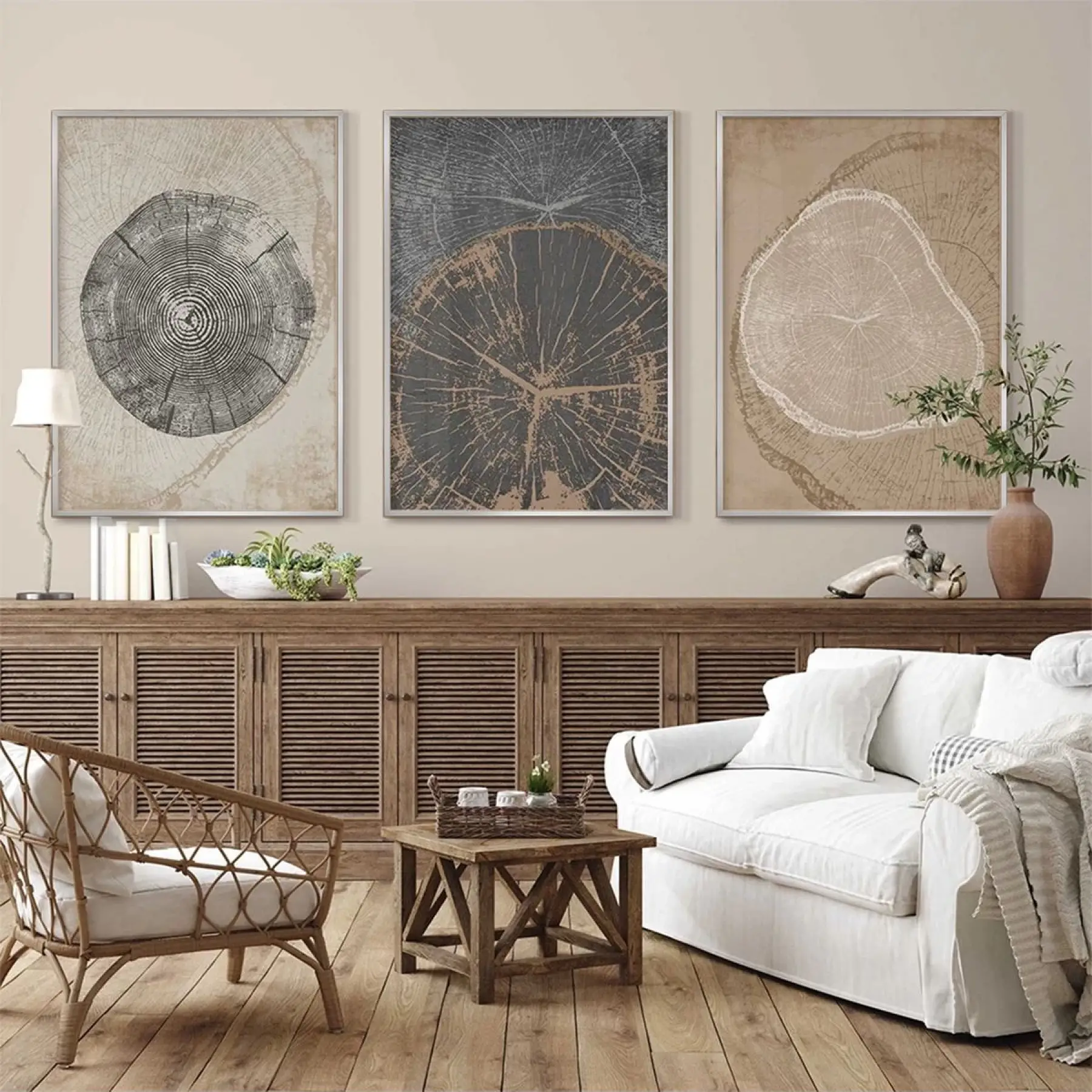 Zamanın İzleri: Çeşitli Ağaç Halkaları Üçlü Metal Çerçeveli Tablo Takımı