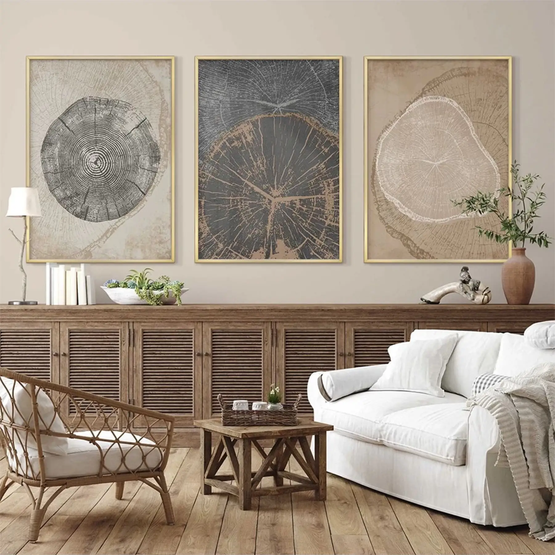 Zamanın İzleri: Çeşitli Ağaç Halkaları Üçlü Metal Çerçeveli Tablo Takımı