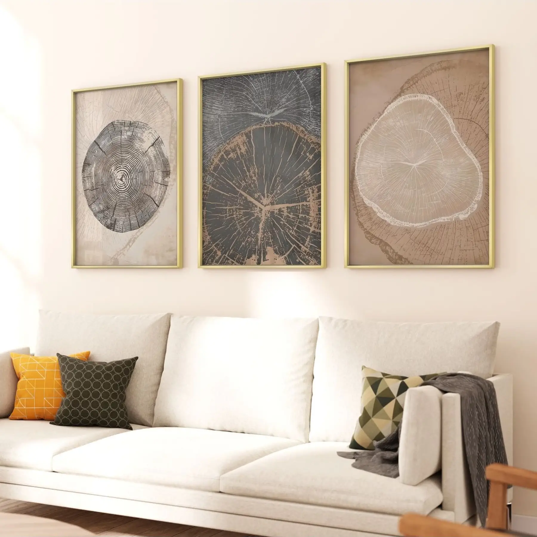 Zamanın İzleri: Çeşitli Ağaç Halkaları Üçlü Metal Çerçeveli Tablo Takımı