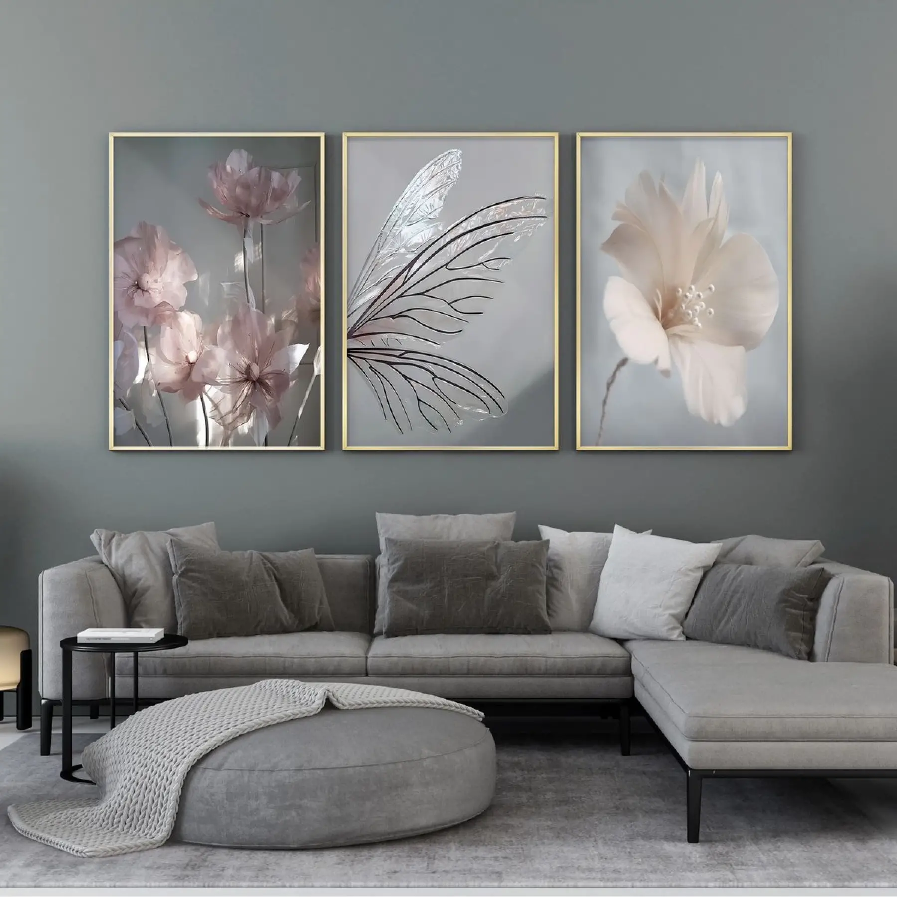 Doğanın Zarafeti: Çiçek ve Yaprak Motifleriyle Metal Çerçeveli Üçlü Tablo Seti