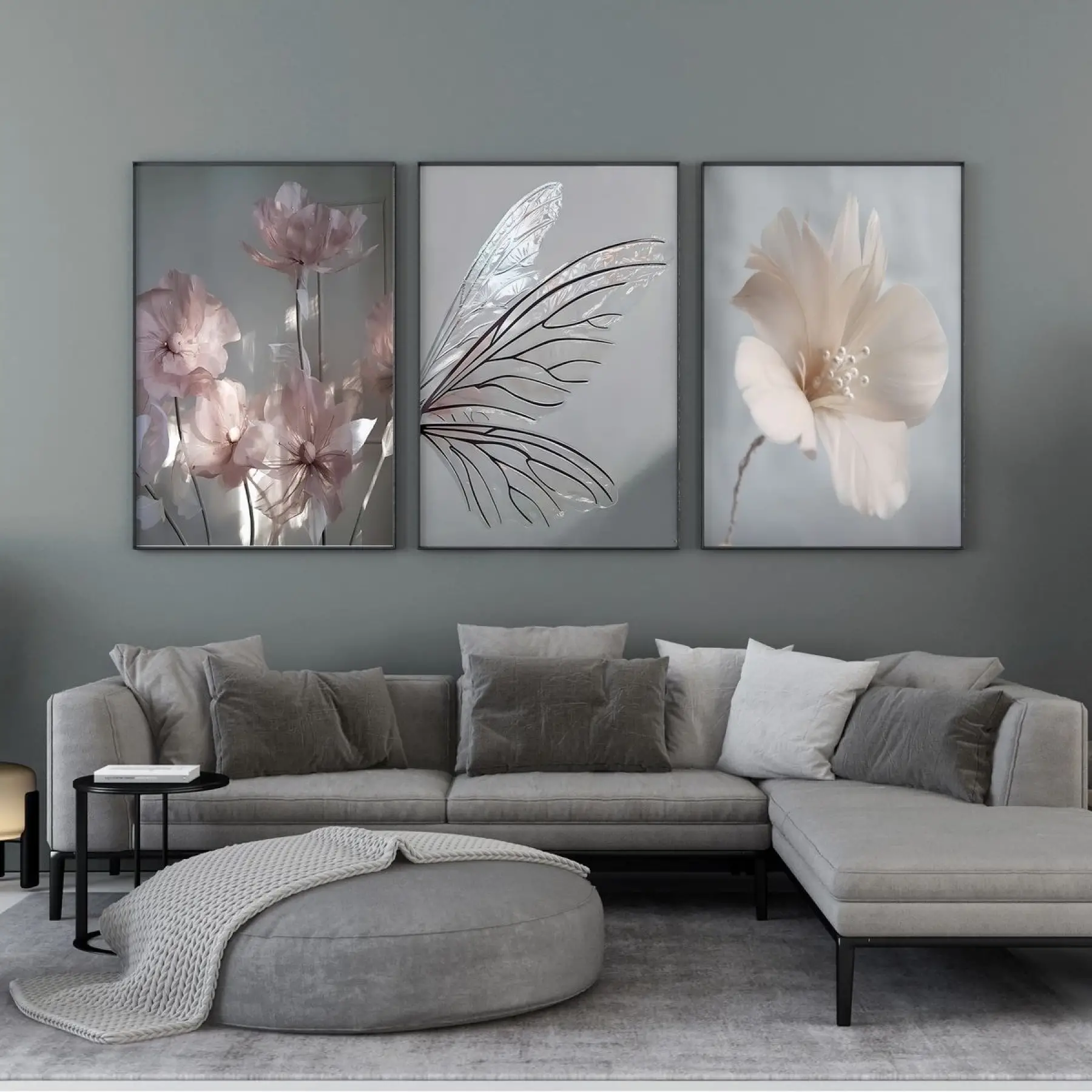 Doğanın Zarafeti: Çiçek ve Yaprak Motifleriyle Metal Çerçeveli Üçlü Tablo Seti