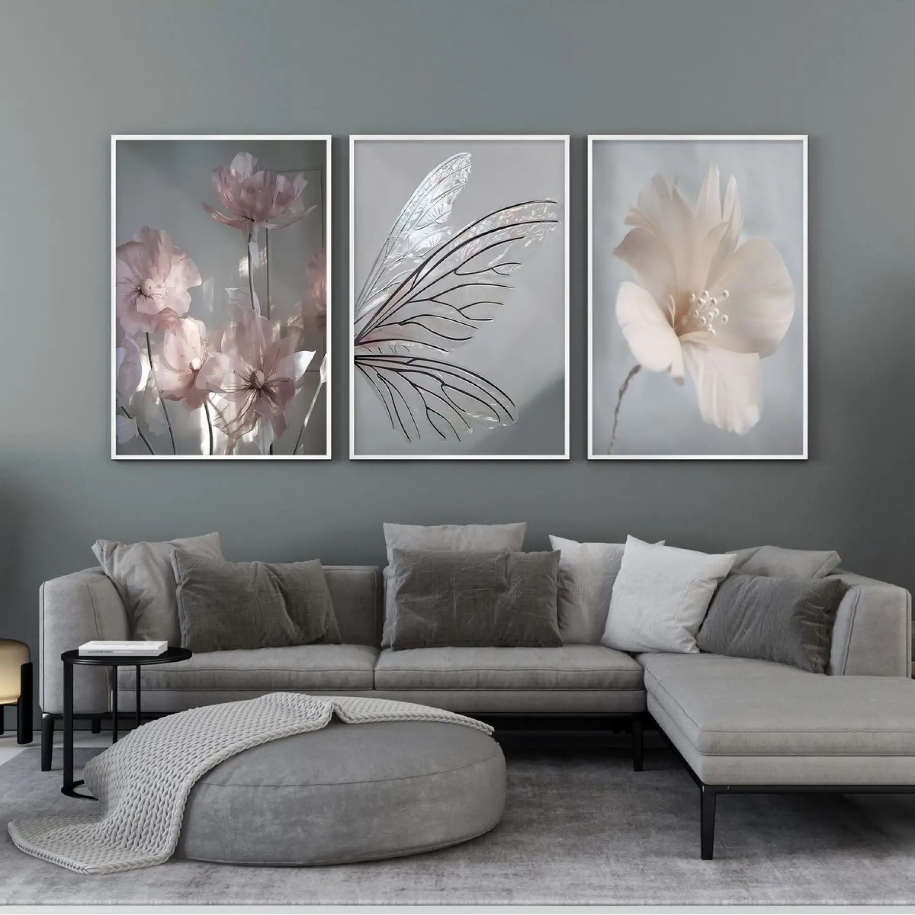 Doğanın Zarafeti: Çiçek ve Yaprak Motifleriyle Metal Çerçeveli Üçlü Tablo Seti