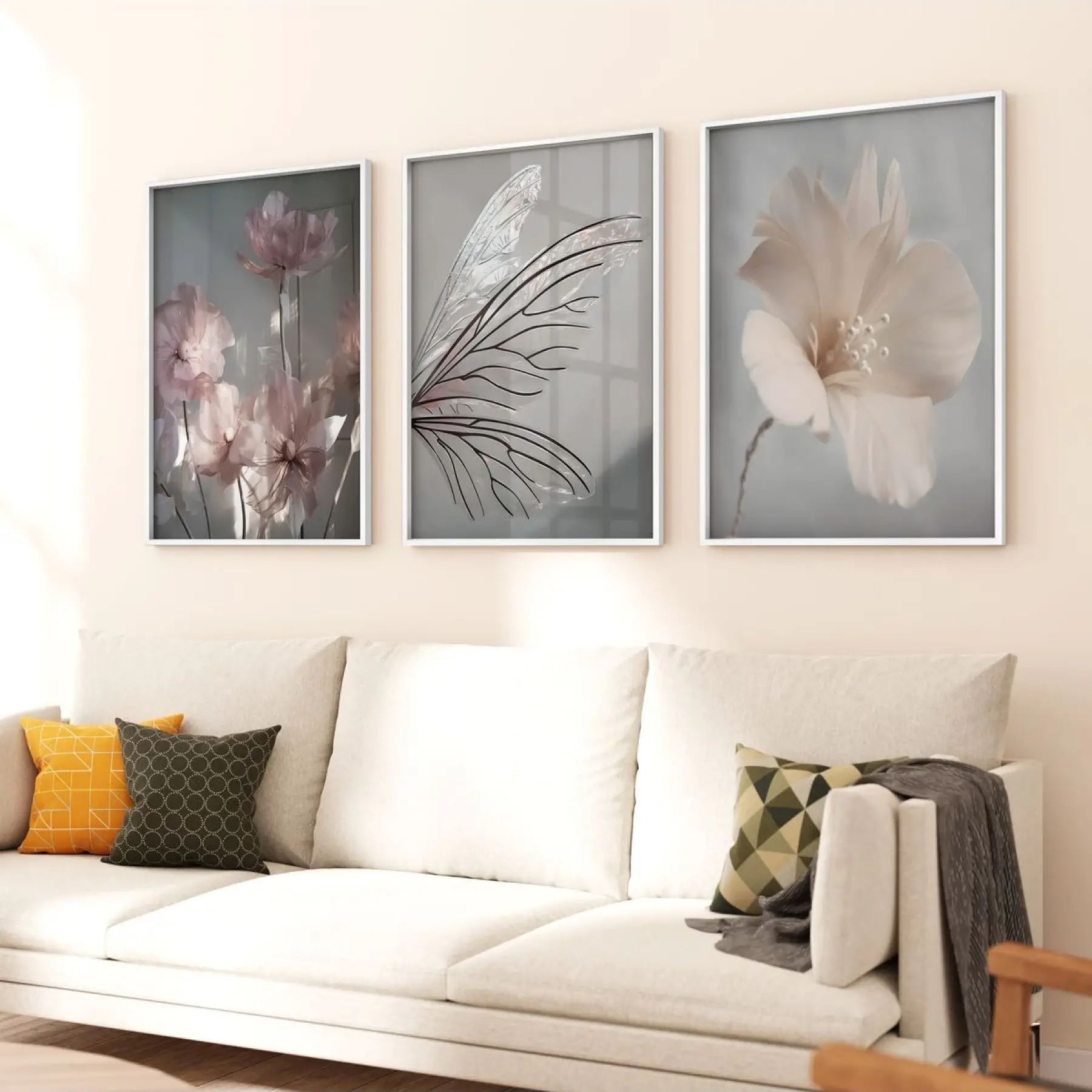 Doğanın Zarafeti: Çiçek ve Yaprak Motifleriyle Metal Çerçeveli Üçlü Tablo Seti