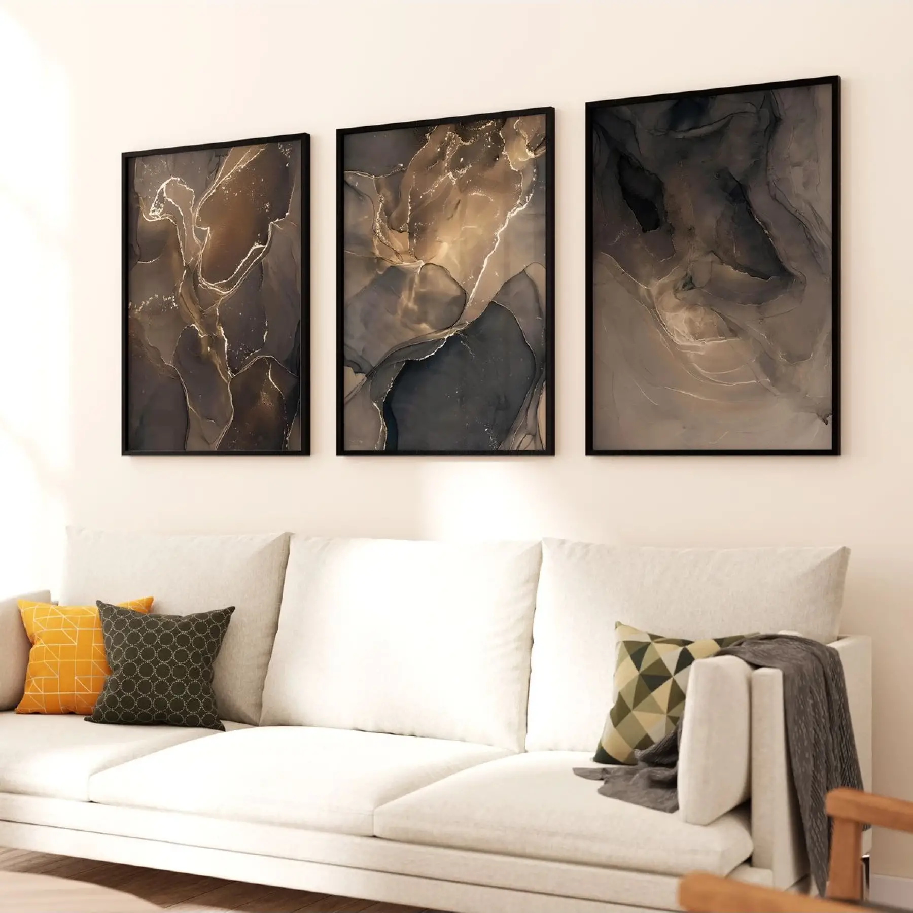 Altın Döngüler: Karanlık ve Aydınlık Tonlarda Soyut Desenler Üçlü Metal Çerçeveli Tablo Seti