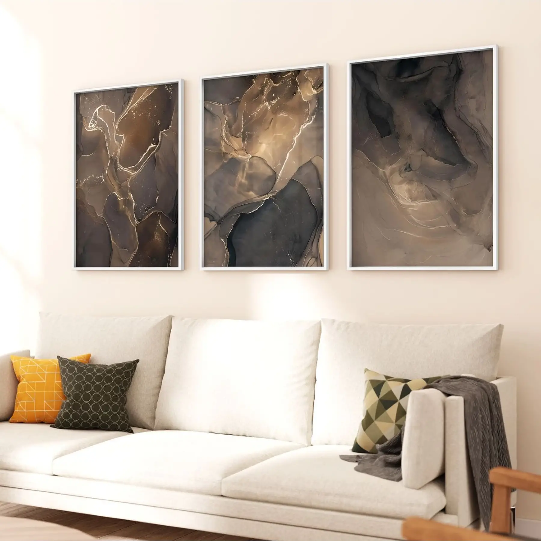 Altın Döngüler: Karanlık ve Aydınlık Tonlarda Soyut Desenler Üçlü Metal Çerçeveli Tablo Seti