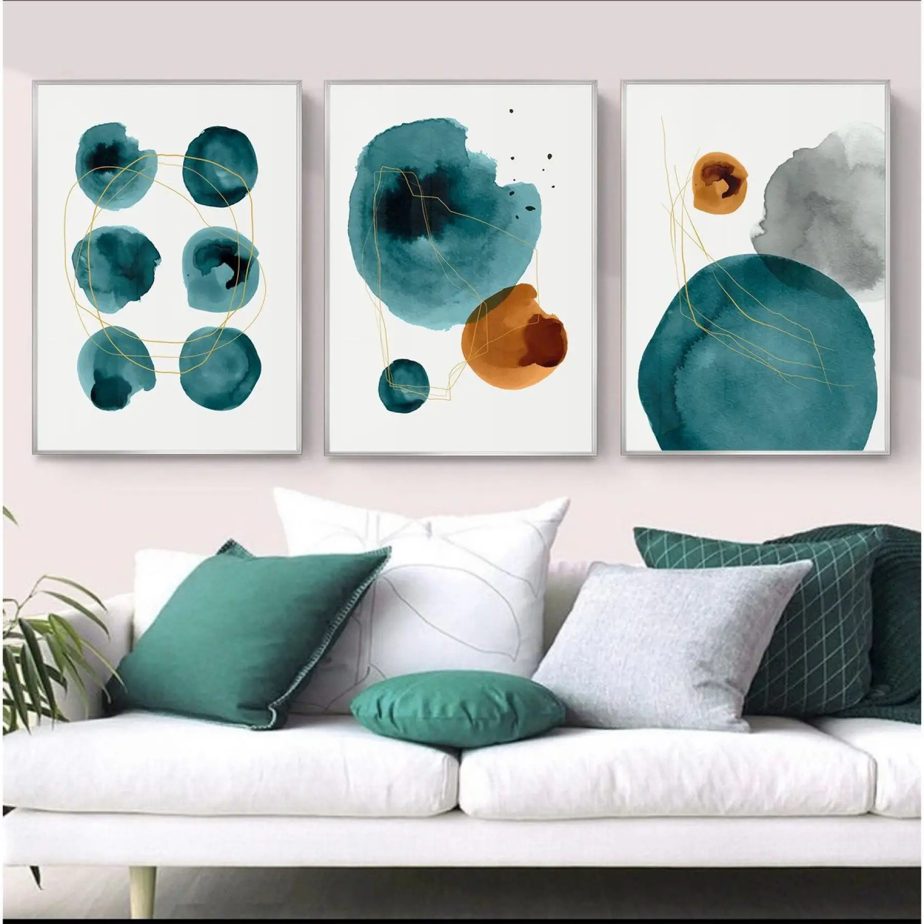 Turkuaz Dönüşüm: Soyut Daireler Üçlü Metal Çerçeveli Tablo Seti