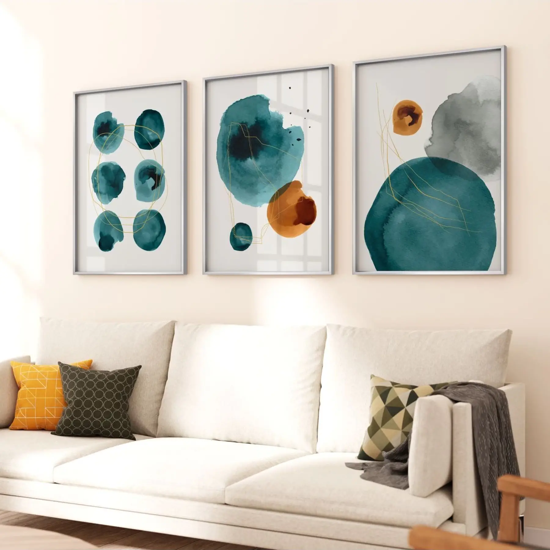 Turkuaz Dönüşüm: Soyut Daireler Üçlü Metal Çerçeveli Tablo Seti