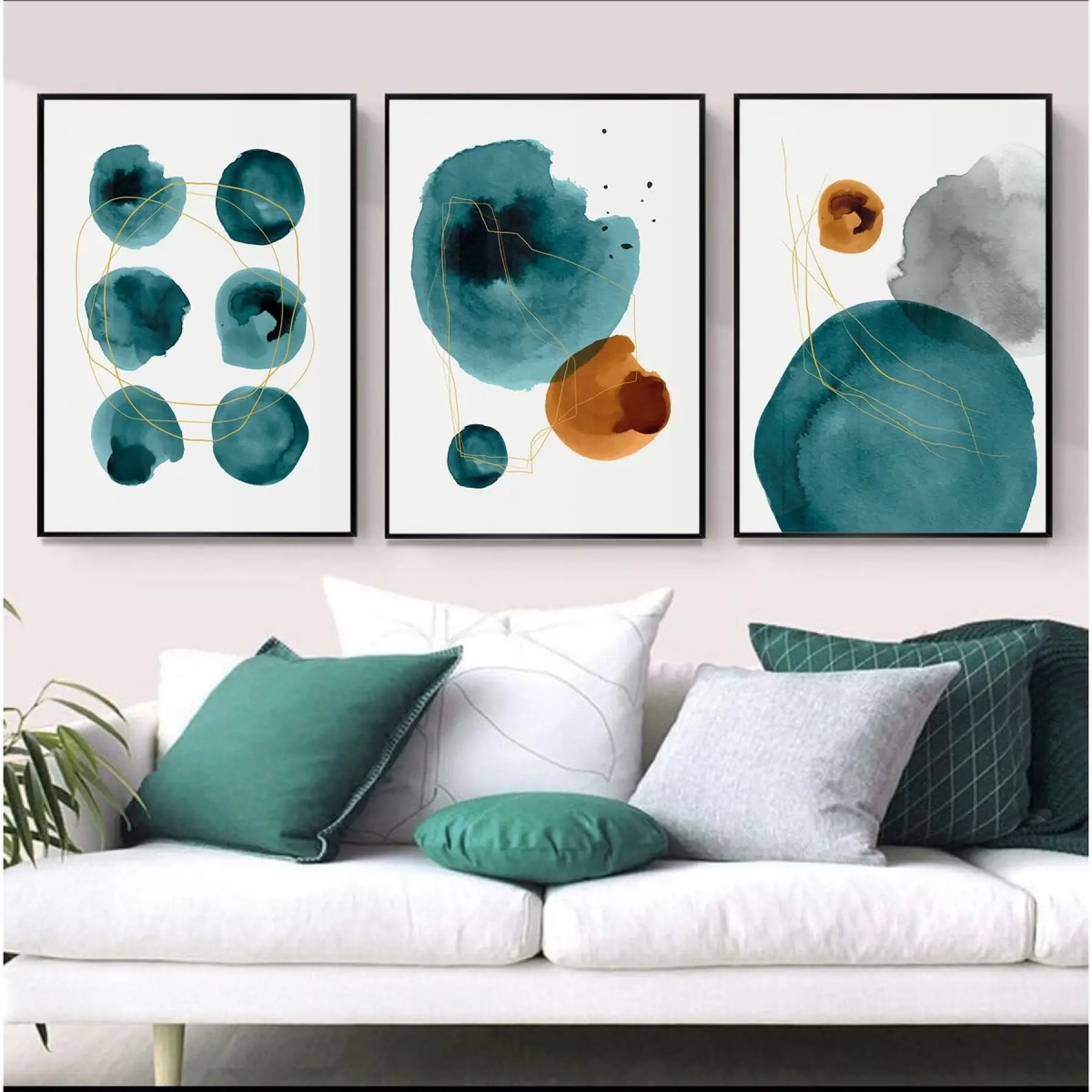 Turkuaz Dönüşüm: Soyut Daireler Üçlü Metal Çerçeveli Tablo Seti