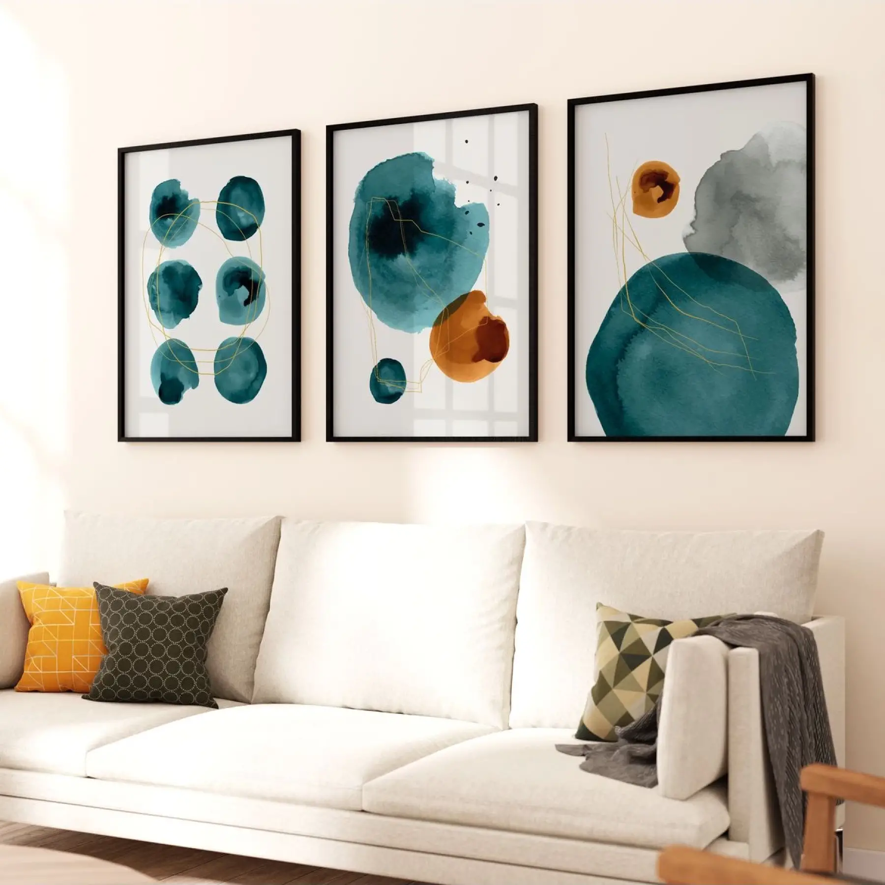 Turkuaz Dönüşüm: Soyut Daireler Üçlü Metal Çerçeveli Tablo Seti