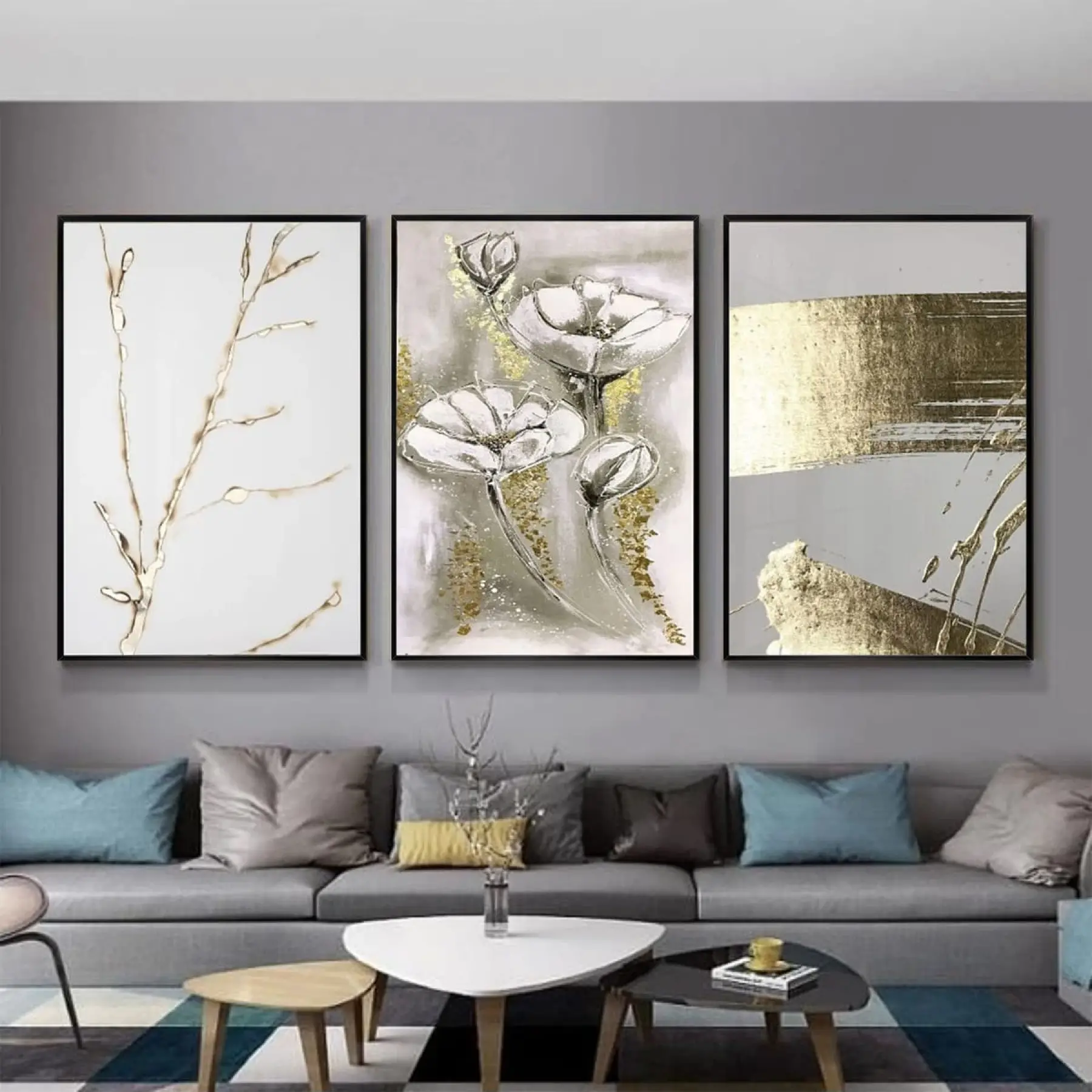 Modern İzler: Altın ve Beyazın Soyut Harmonisi Üçlü Metal Çerçeveli Tablo Seti