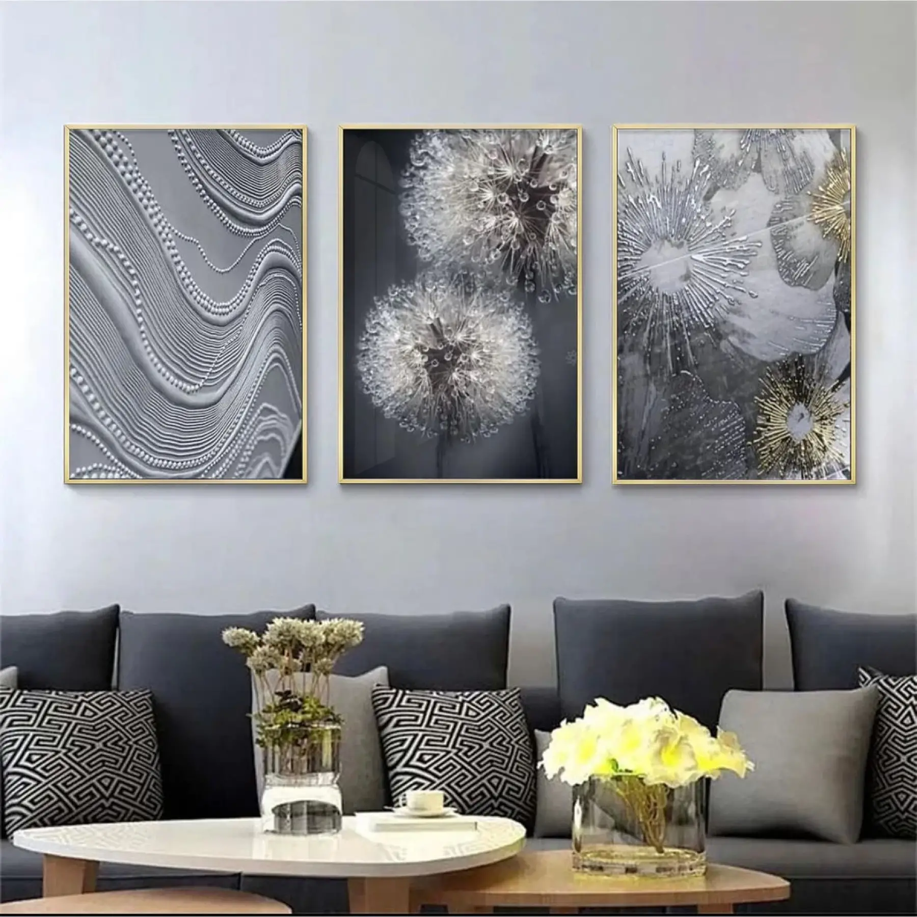 Gri Tonlarında Soyut Ritimler: Üçlü Metal Çerçeveli Tablo Seti