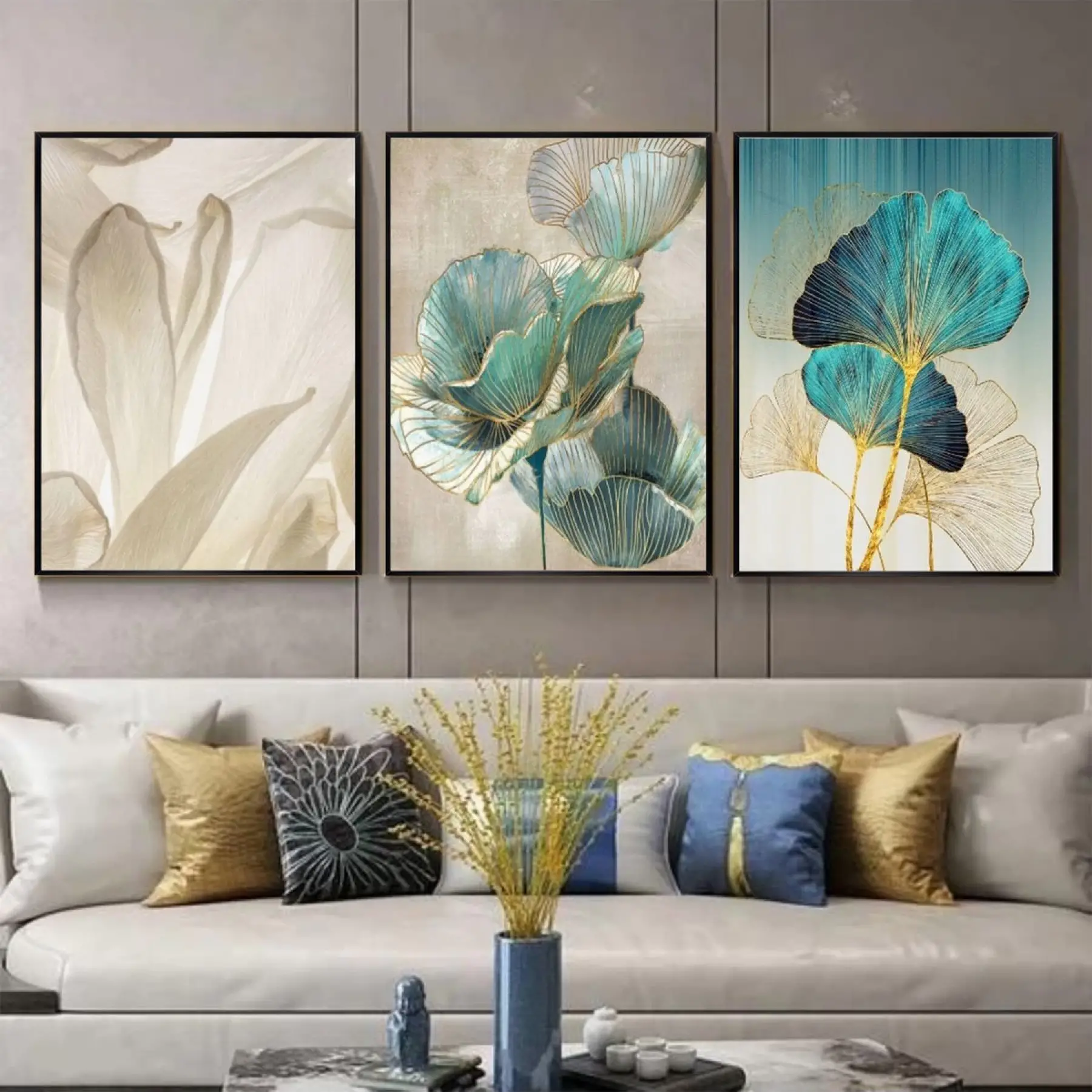 Doğanın Şiiri: Çiçek ve Yaprakların Renkli Sinfonisi Üçlü Metal Çerçeveli Tablo Seti