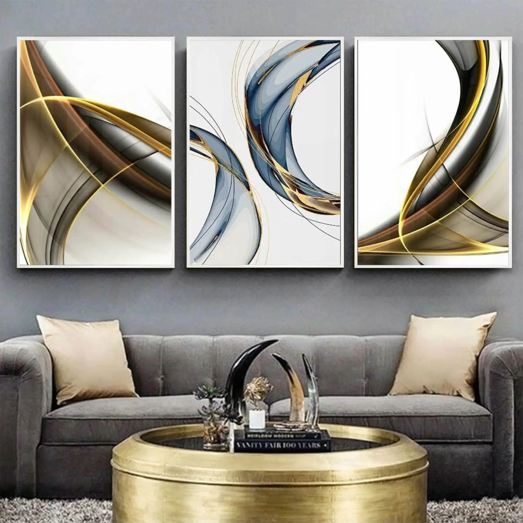 Soyut Düşünceler: Geometrik Harmoni Üçlü Metal Çerçeveli Tablo Seti