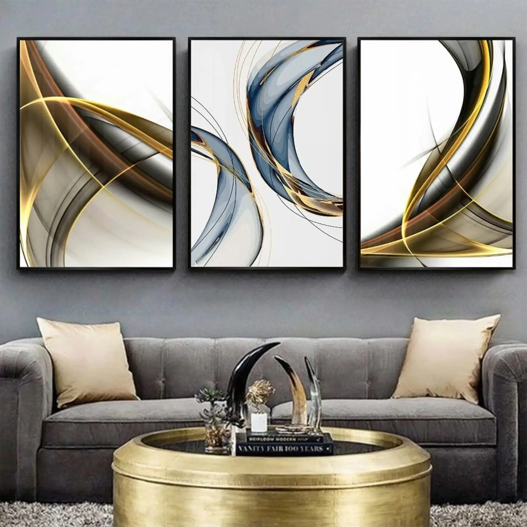 Soyut Düşünceler: Geometrik Harmoni Üçlü Metal Çerçeveli Tablo Seti