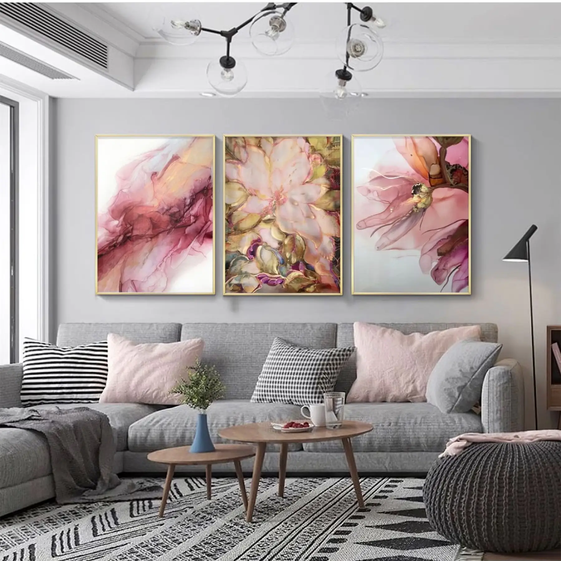 Organik Şekillerin Cazibesi: Dinamik Renk Akışı Üçlü Metal Çerçeveli Tablo Seti