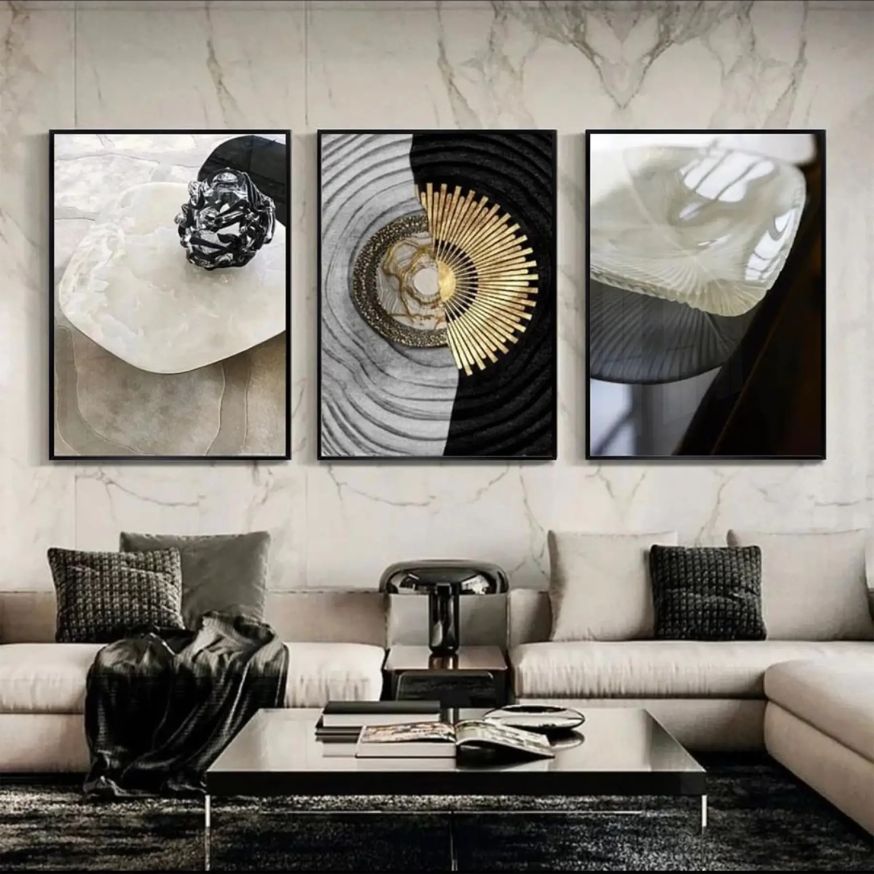 Modern Dokunuşlar: Mermer ve Metalin Soyut Dansı Üçlü Metal Çerçeveli Tablo Seti
