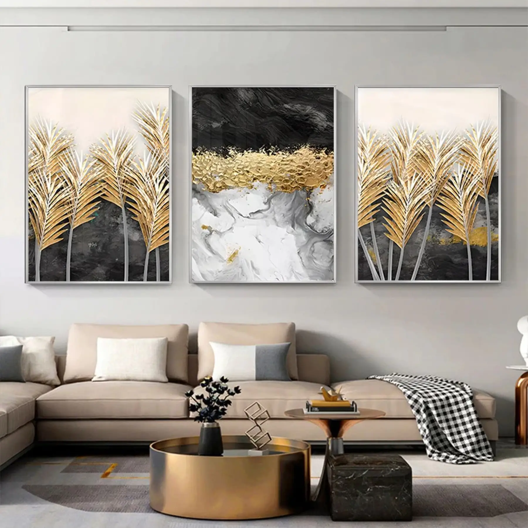 Altın Palmiye Rüyası: Üçlü Soyut Metal Çerçeveli Tablo