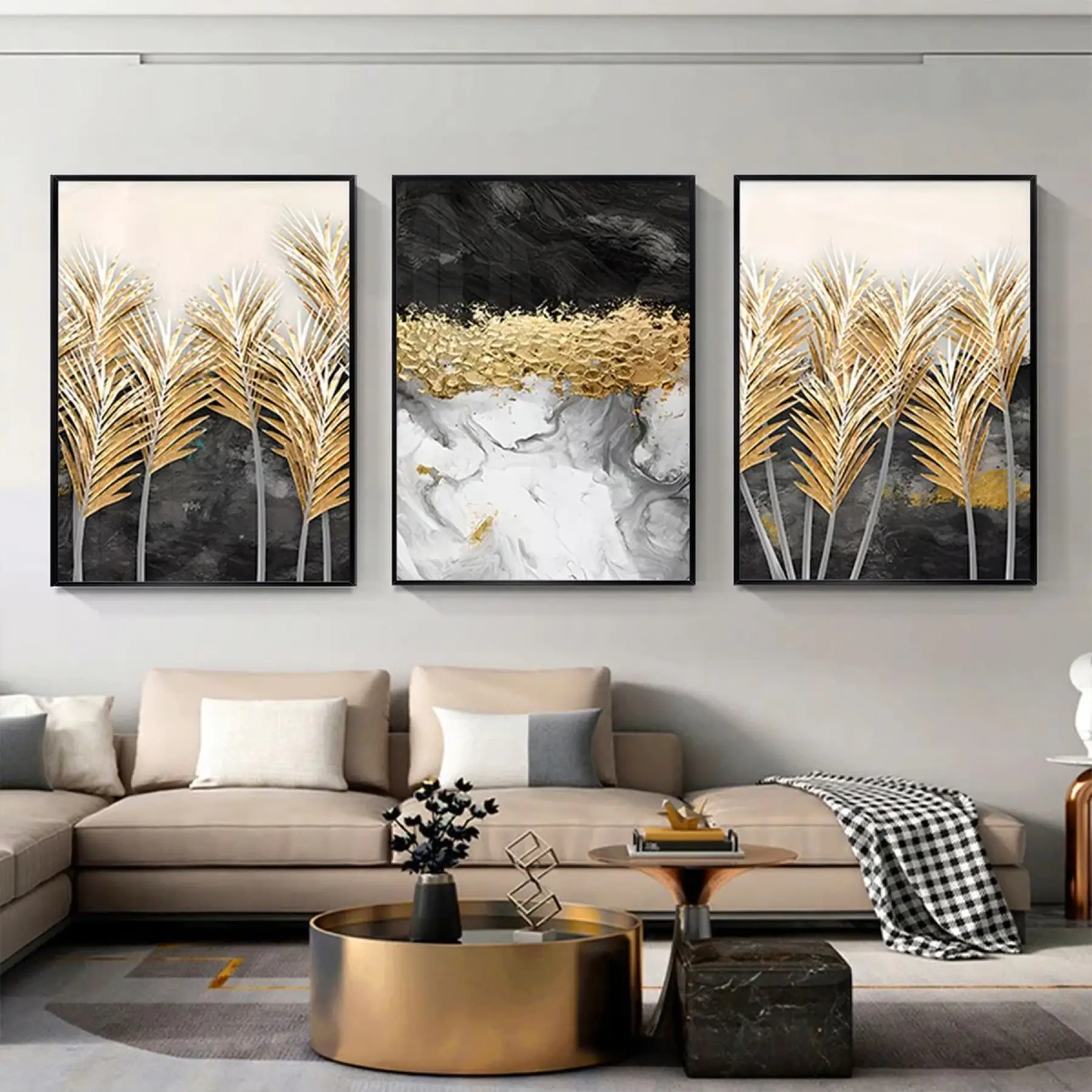 Altın Palmiye Rüyası: Üçlü Soyut Metal Çerçeveli Tablo