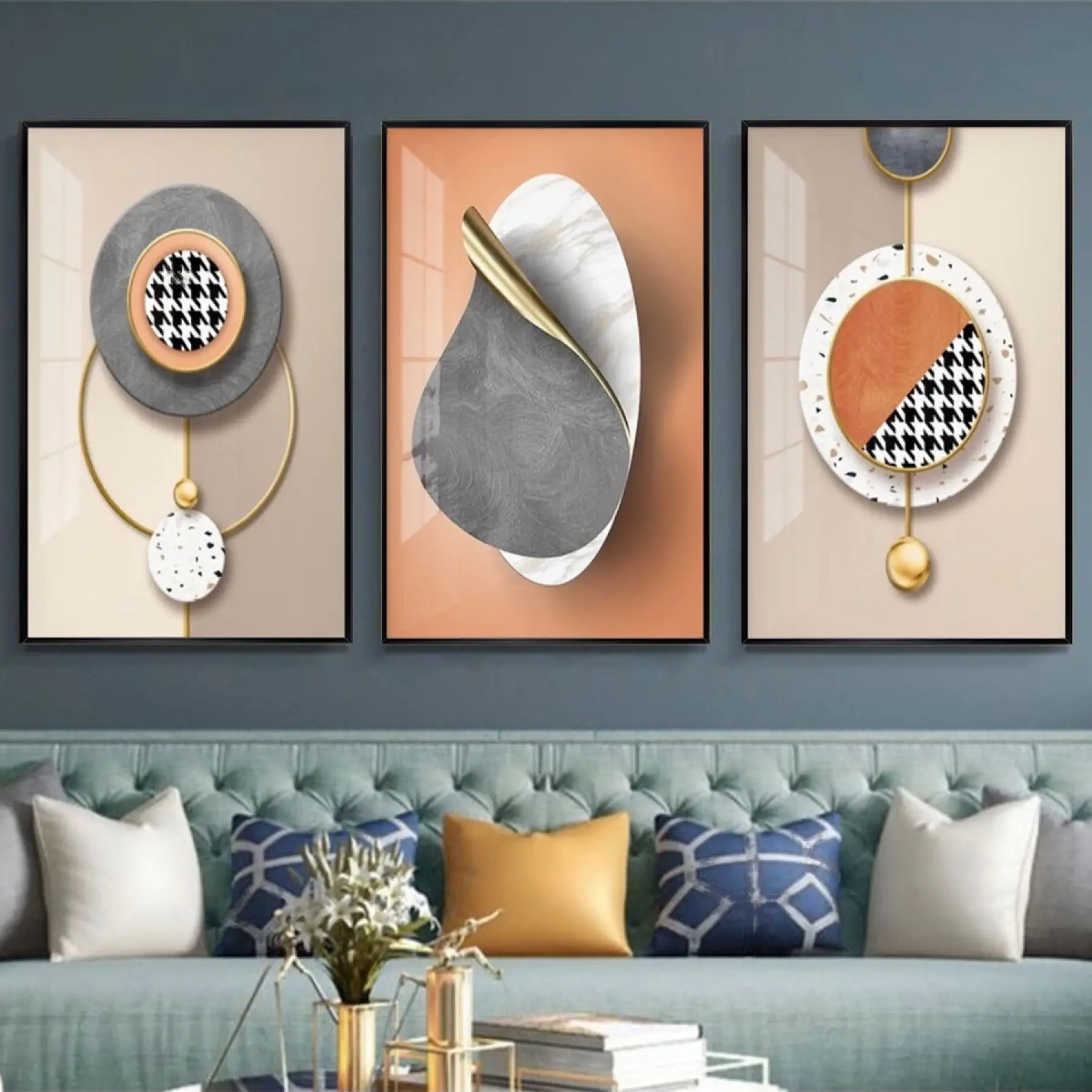 Geometrik Rüyalar: Üçlü Metal Çerçeveli Tablo Seti