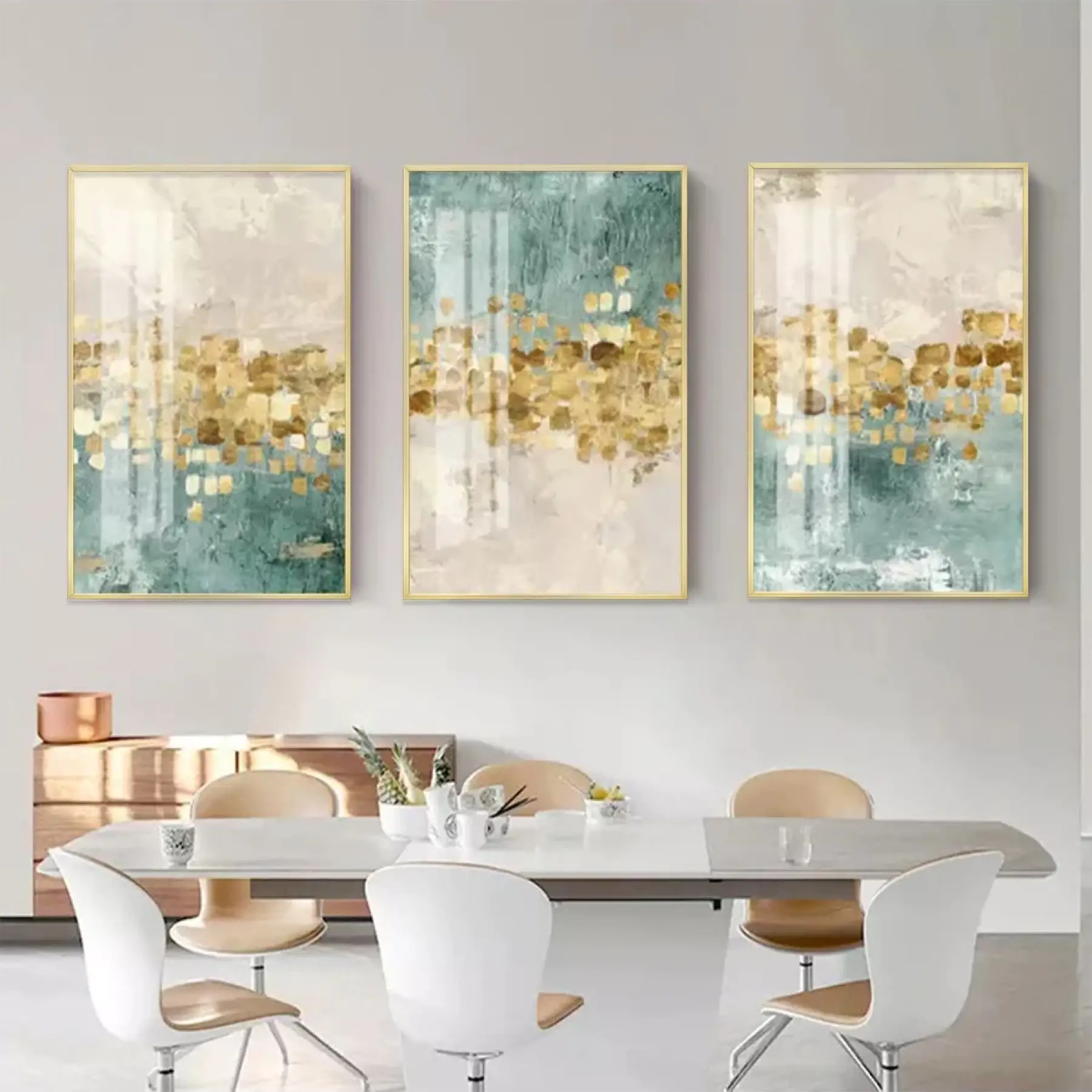 Altın Yansımalar: Soyut Turkuaz Düşler Üçlü Metal Çerçeveli Tablo Seti